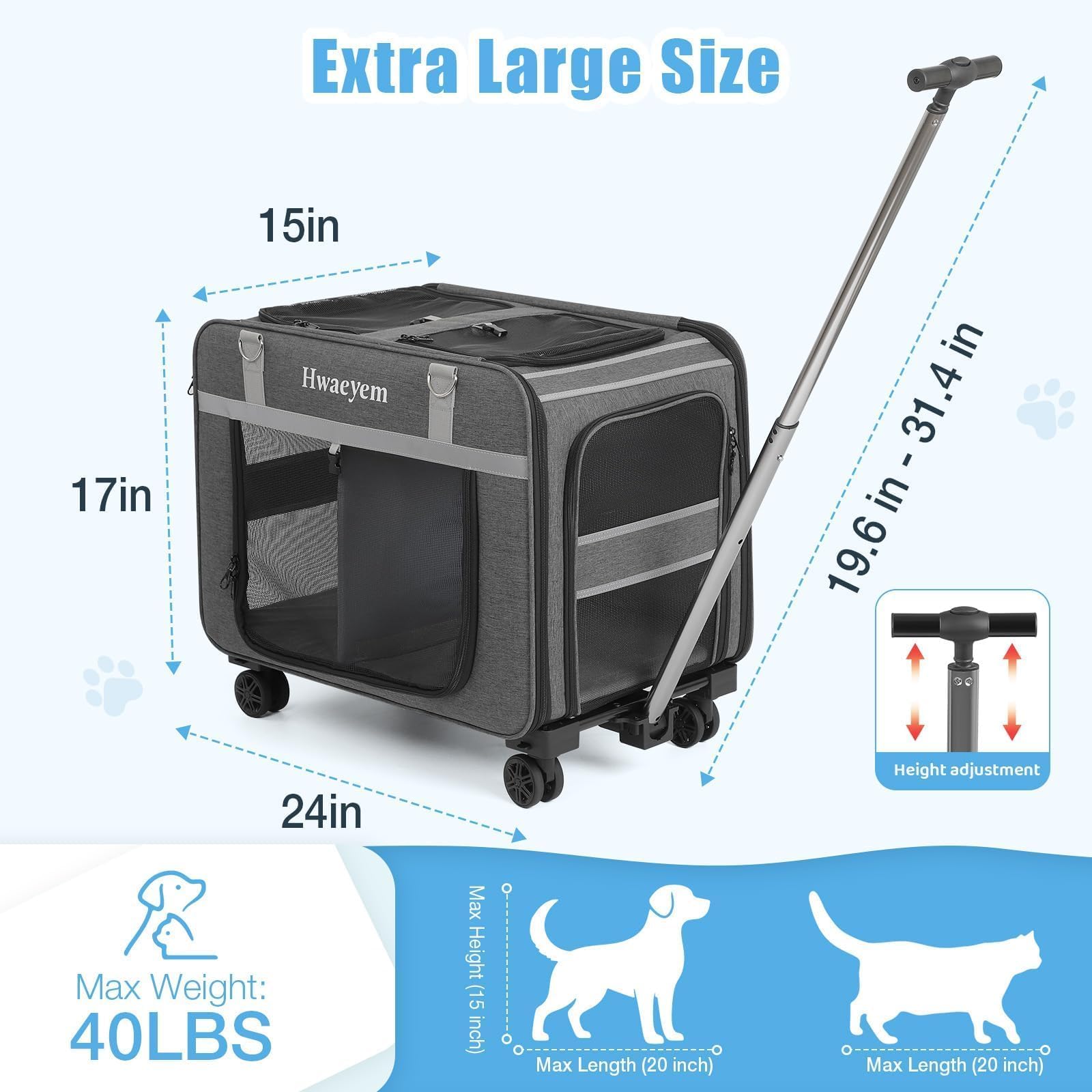 Extra Large Pet Cat Carrier With Wheels, Pet Carrier For 2 Cats Or Medium Dog, 24'' X 15'' X 17'' Portable Dog Cat Crate For Lar