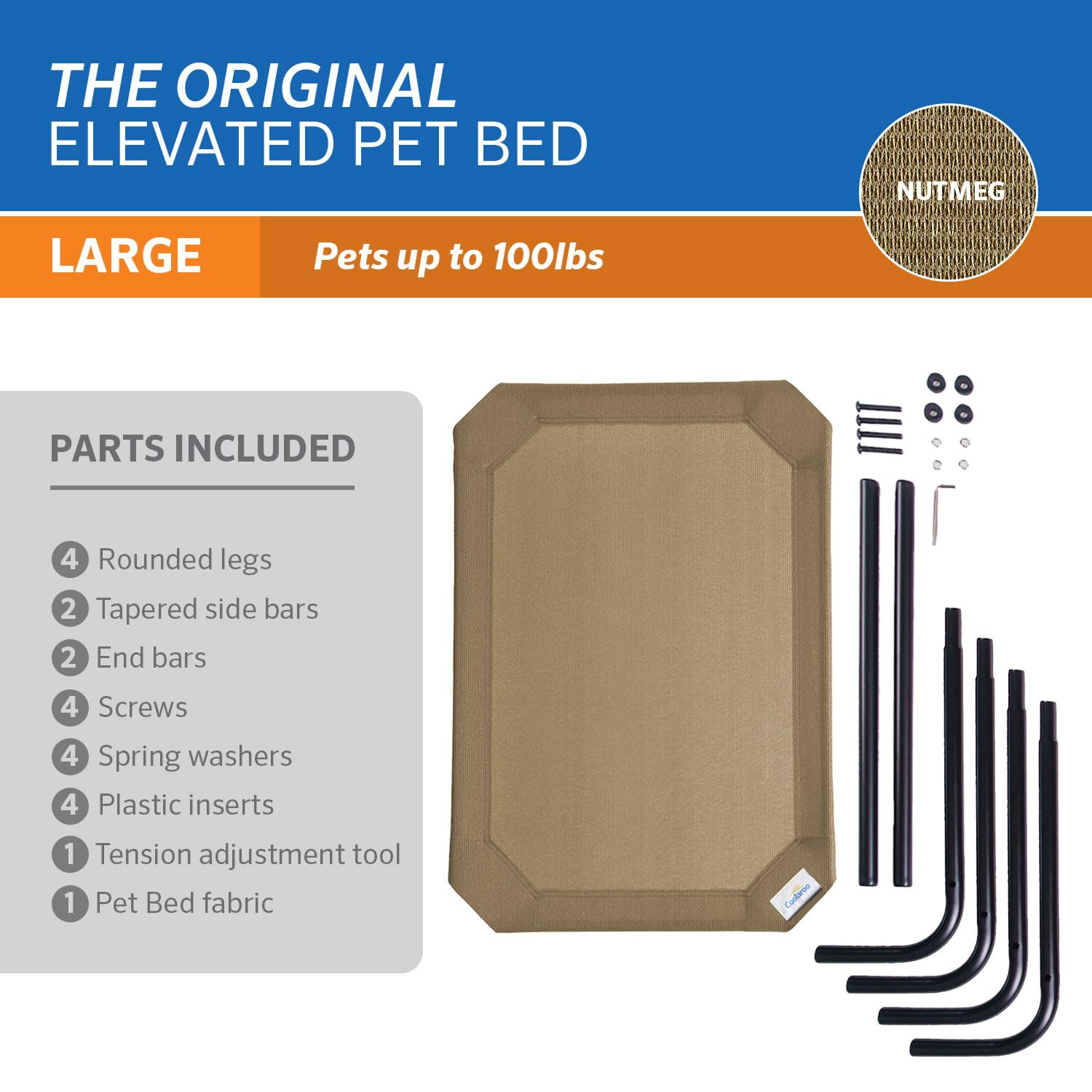 Coolaroo Elevated Dog Bed - Large, 51"x31.5", Nutmeg, 100% Recyclable High Density Polyethylene, Model 458959, Indoor/Outdoor Use