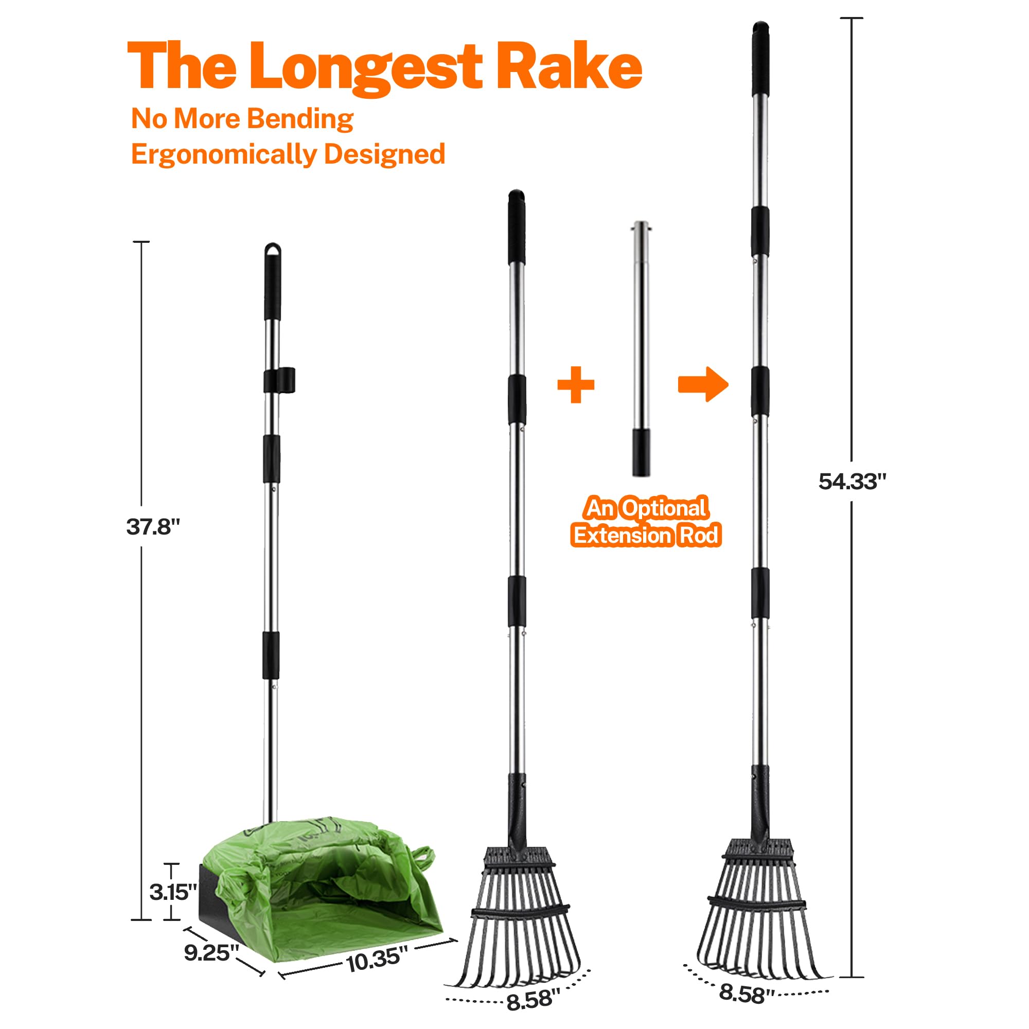 Toozey Upgrade Dog Pooper Scooper With Extra Large Stainless Metal Poop Tray & 54.33'' Long Handle Rake Scoop, Easy Waste Cleanu