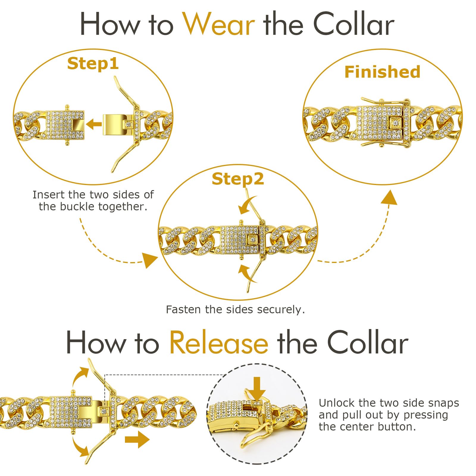 Cuban Link Dog Collar Gold Crystal Dog Necklace Metal Chain Collar With Design Secure Buckle Pet Collar Jewelry Accessories For