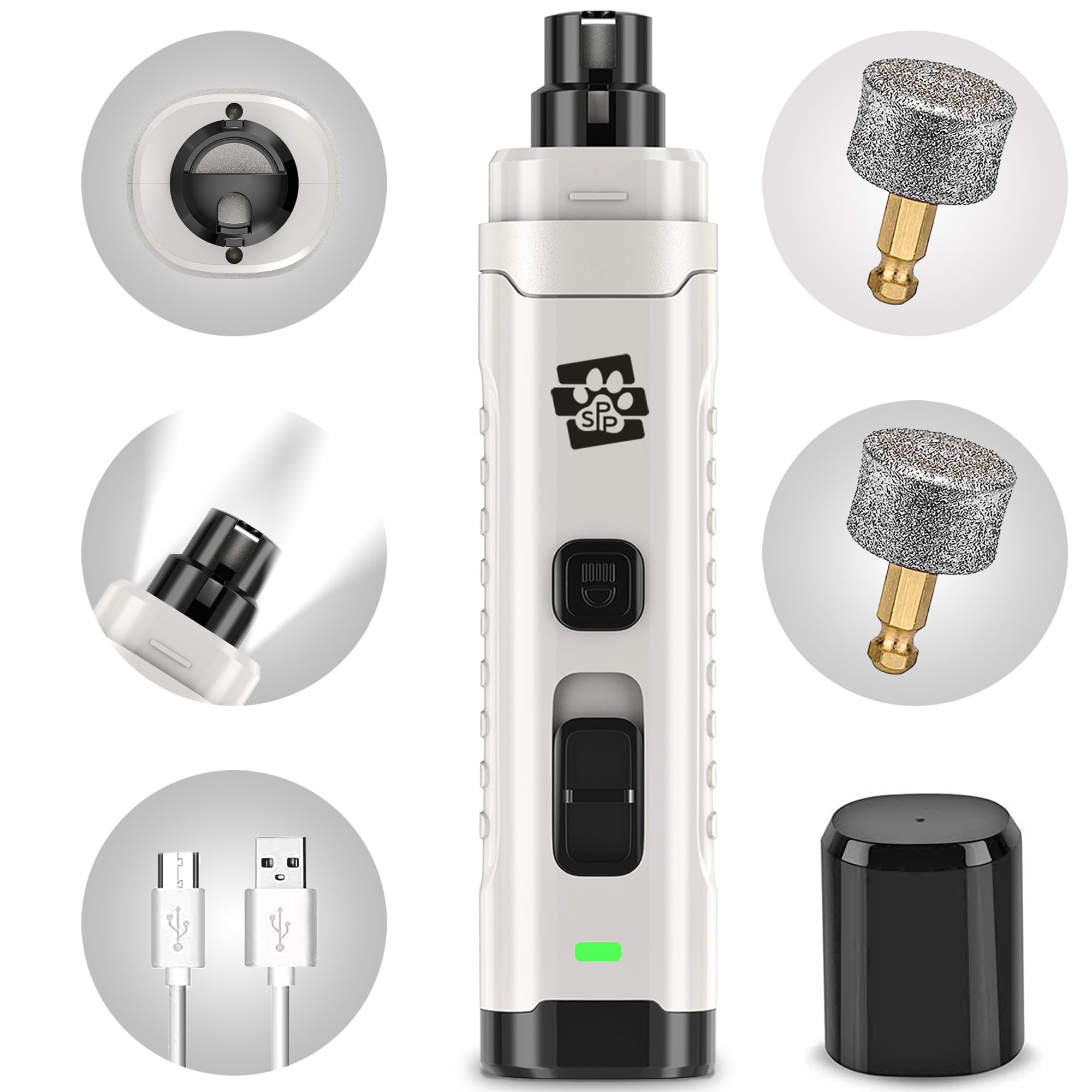 Soft Pet Paws Dog Nail Grinder - Ultra Quiet Operation - Upgraded Dog Nail Trimmer With 2 Led Lights - 2-Speed Rechargeable Nail