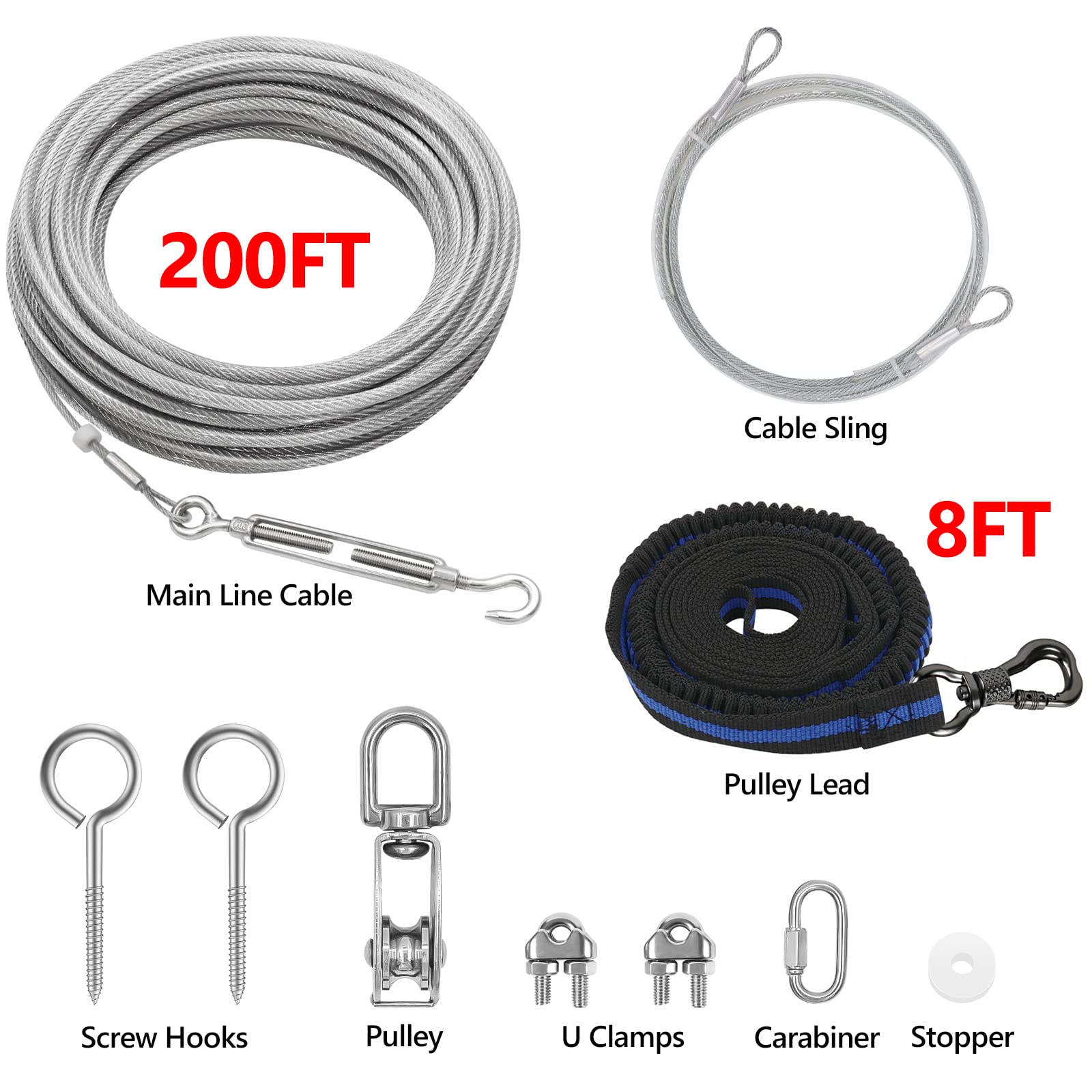 XiaZ Dog Tie Out Cable, 200ft Dog Trolley Runner Cable for Dogs up to 250lbs, Dog Lead for Yard, Camping, Outdoor, with 8 Ft Nyl