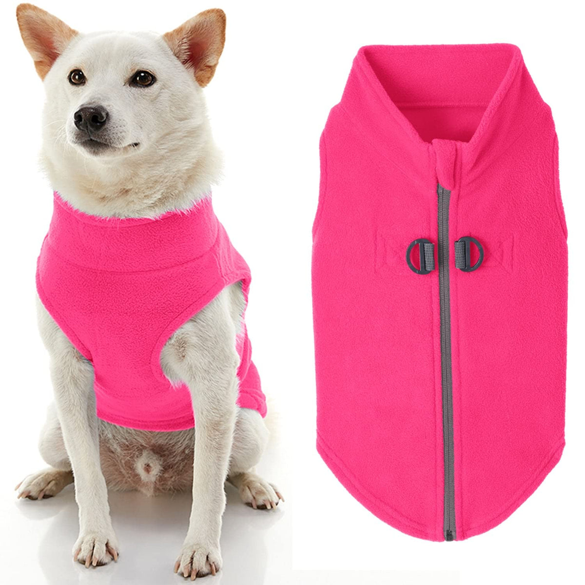 Gooby Zip Up Fleece Dog Sweater - Pink, Large - Warm Pullover Fleece Step-In Dog Jacket With Dual D Ring Leash - Winter Small Dog Sweater - Dog Clothes For Small Dogs Boy And Medium Dogs