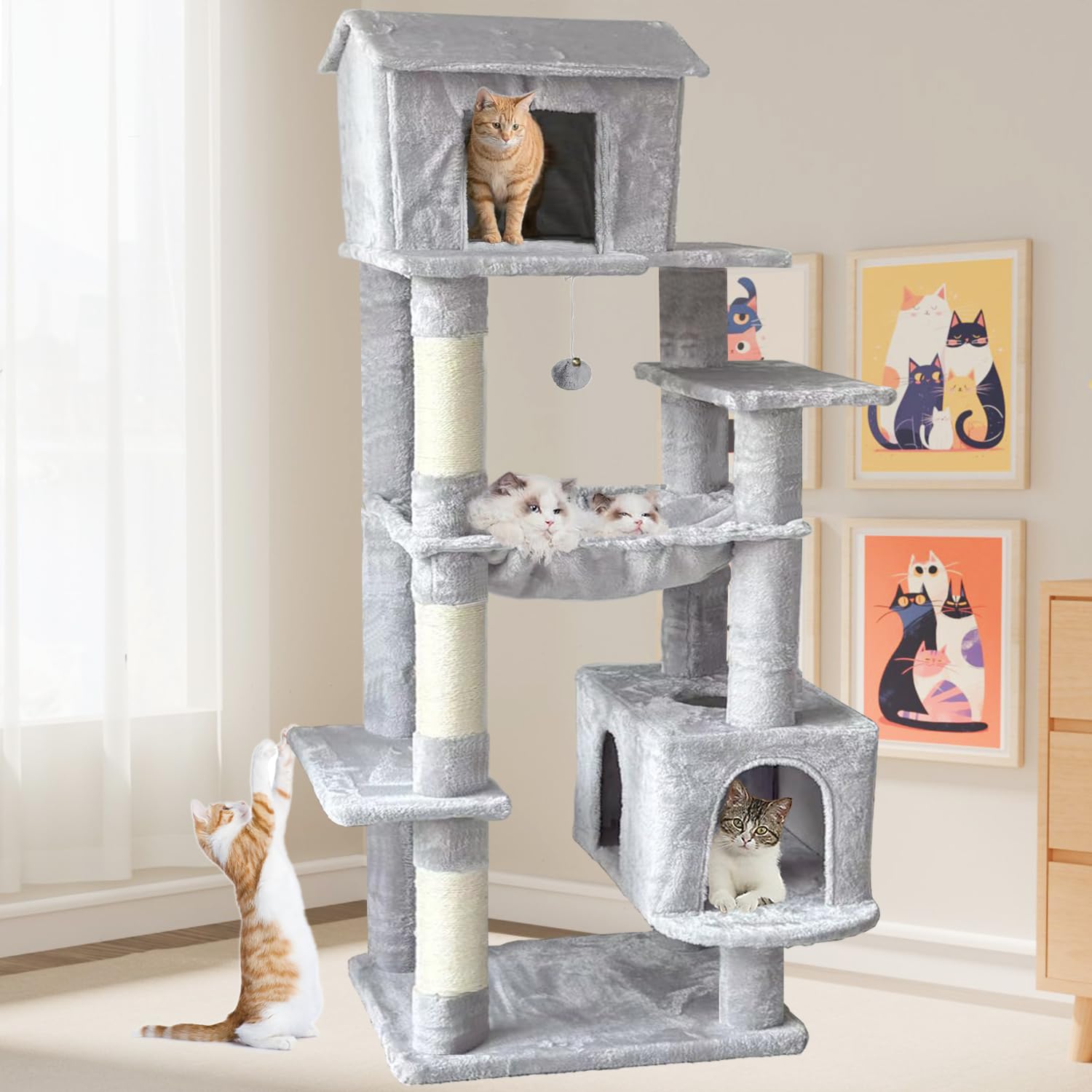 64 Inches Multi-Level Large Cat Tree Tower with Cat House for Indoor Cats/Cozy Perches/Cat Condo/Sisal Scratching Posts/Hammock/