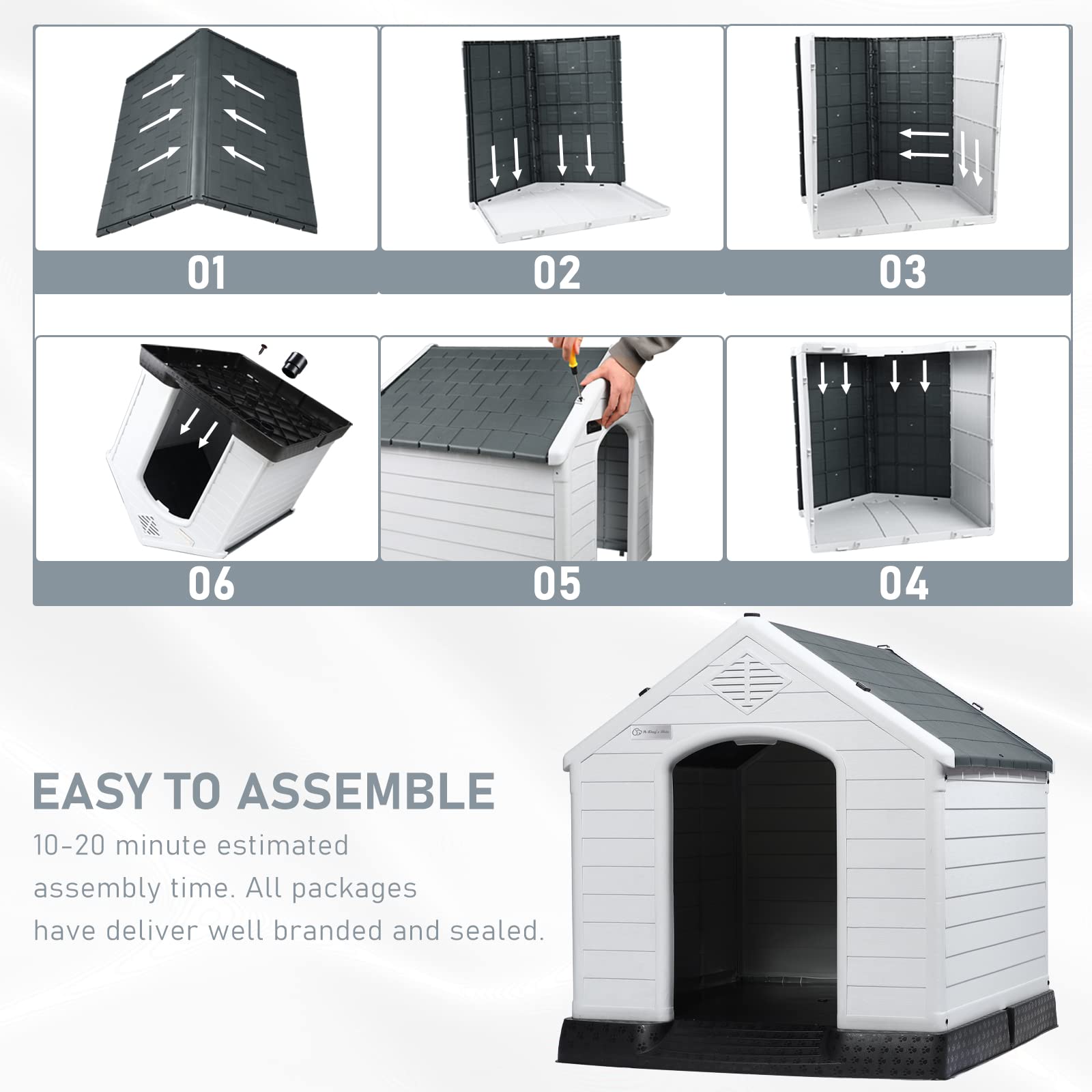 Lemberi Durable Waterproof Plastic Dog House For Small To Large Sized Dogs, Indoor Outdoor Doghouse Puppy Shelter With Elevated Floor, Easy To Assemble (Gray, 42''L*38''W*39''H)