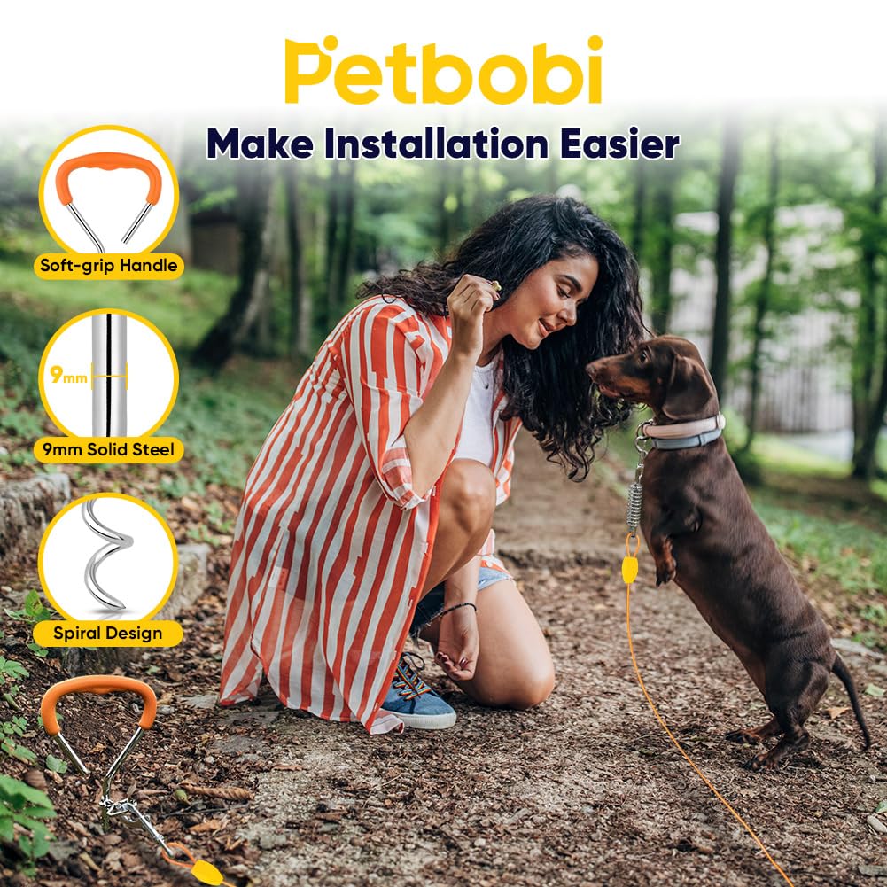 Petbobi Dog Tie-Out Cable And Stake - 20Ft Heavy Duty Cable With Spring, No Tangle, 16In Ground Stake, Ideal For Yard, Camping A