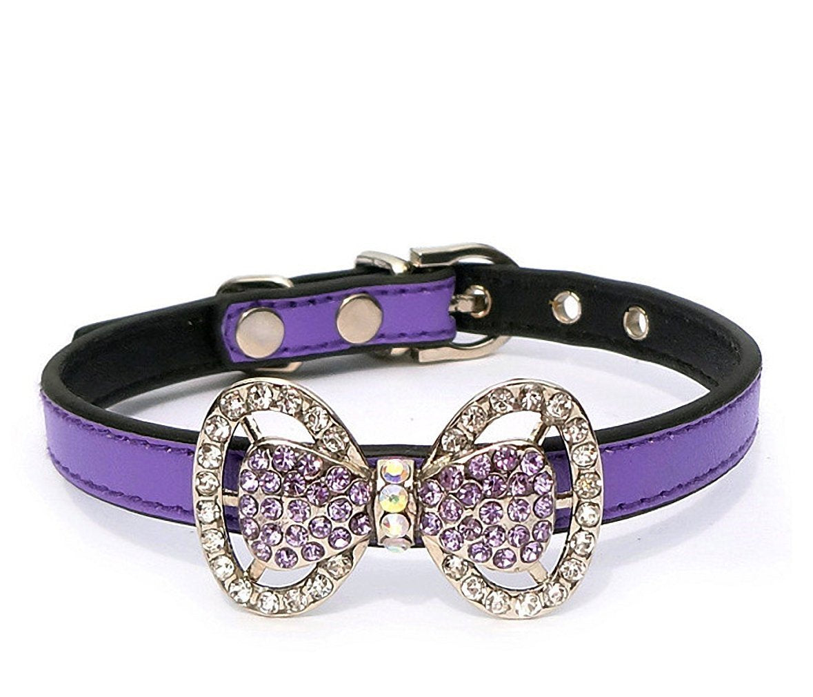 Petfavorites Leather Rhinestone Bow Tie Pet Cat Dog Collar Necklace Jewelry For Small Dogs Girl Kitten Puppy Teacup Chihuahua Yorkie Clothes Costume Outfits (5.9 To 8.2-Inch, Purple)