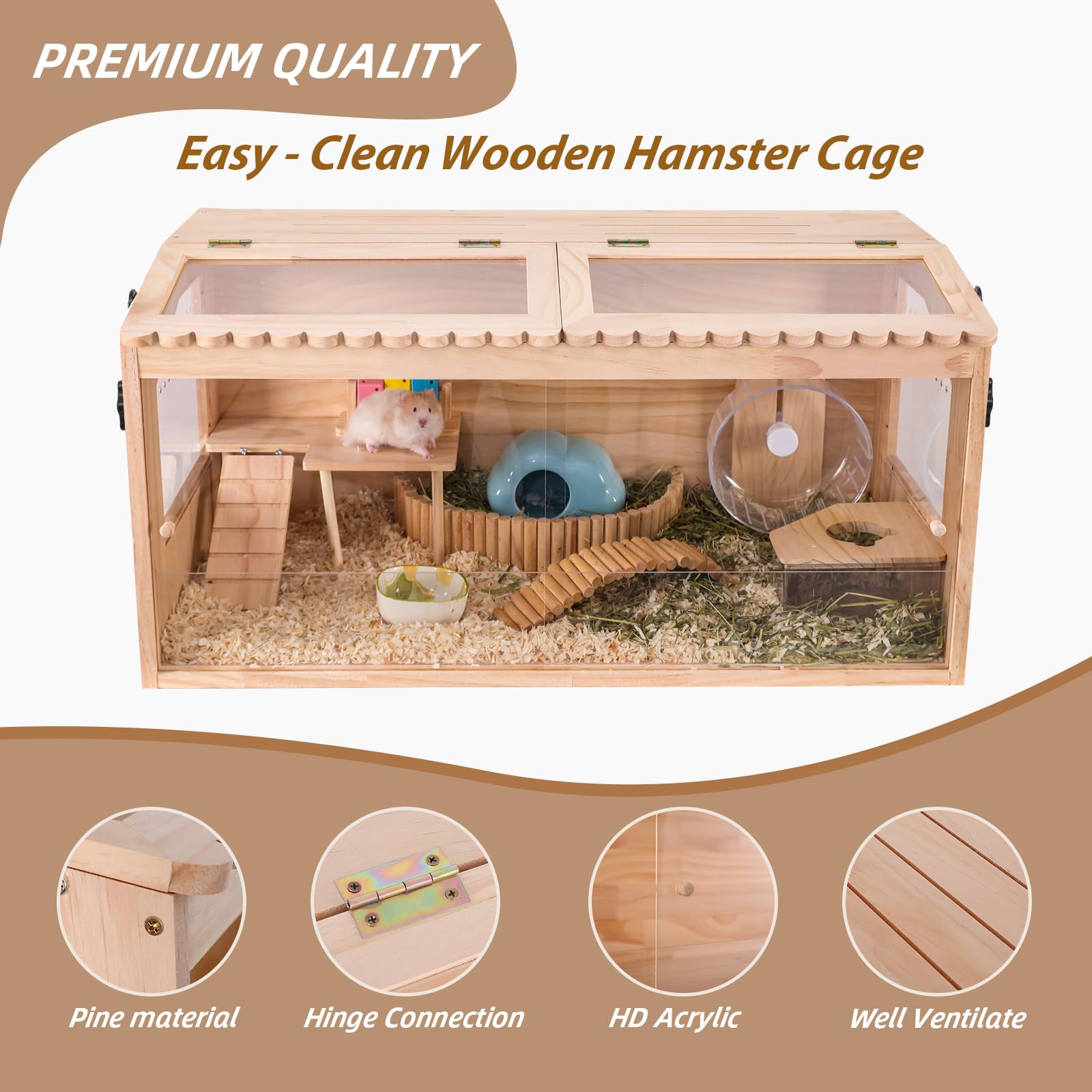 Wooden Hamster Cages And Habitats, 48'' Guinea Pig Cage, Small Animal Cage For Dwarf Syrian Hamsters Degus Mice & Other Small Pe