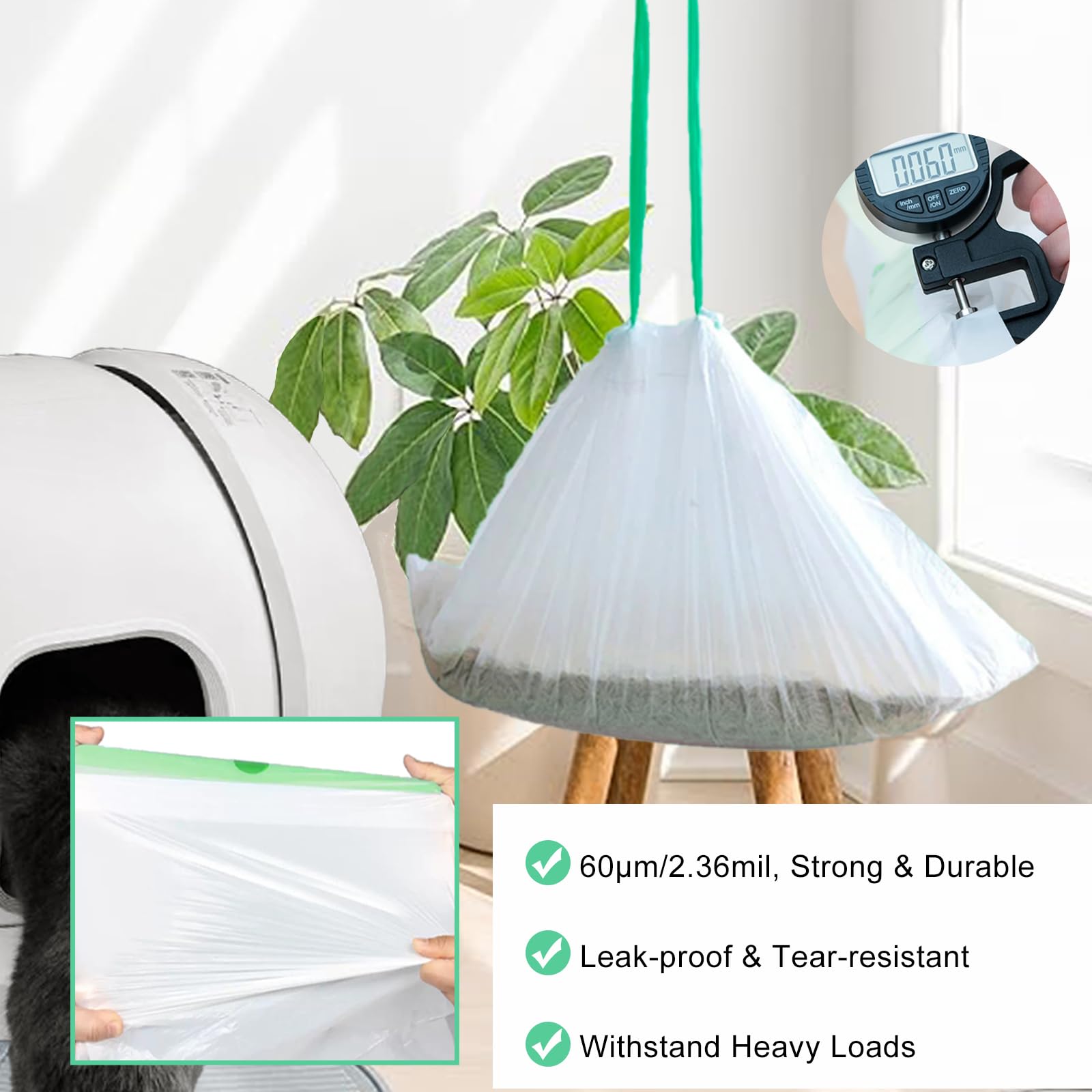 100 Pack Cat Litter Box Liner Bags Compatible With Self-Cleaning Cat Litter Box, Thick Heavy Duty Drawstring Waste Drawer Liners