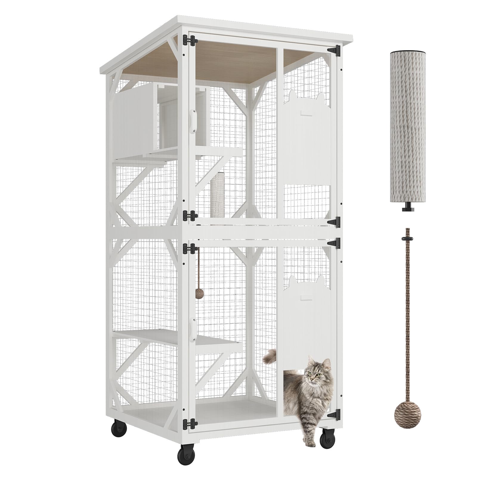 Roomtec Catio Outdoor Cat Enclosure - Large Wooden House With Roof, 71'' H, 3 Jumping Platforms & 1 Napping House For Cats (Whit