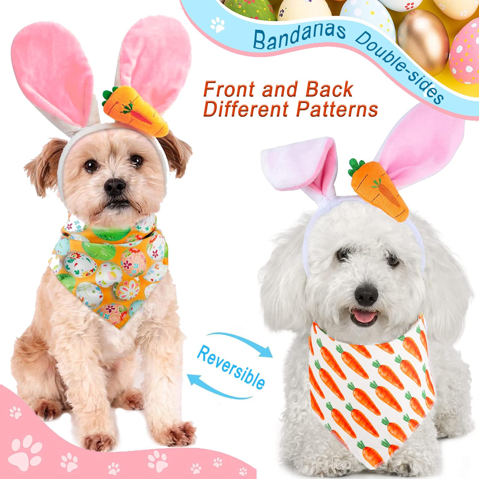 4 Pcs Easter Dog Costumes Cute Bunny Ears Headband Reversible Eggs Puppy Bandana Bowtie Pink Easter Outfits For Small Medium Lar
