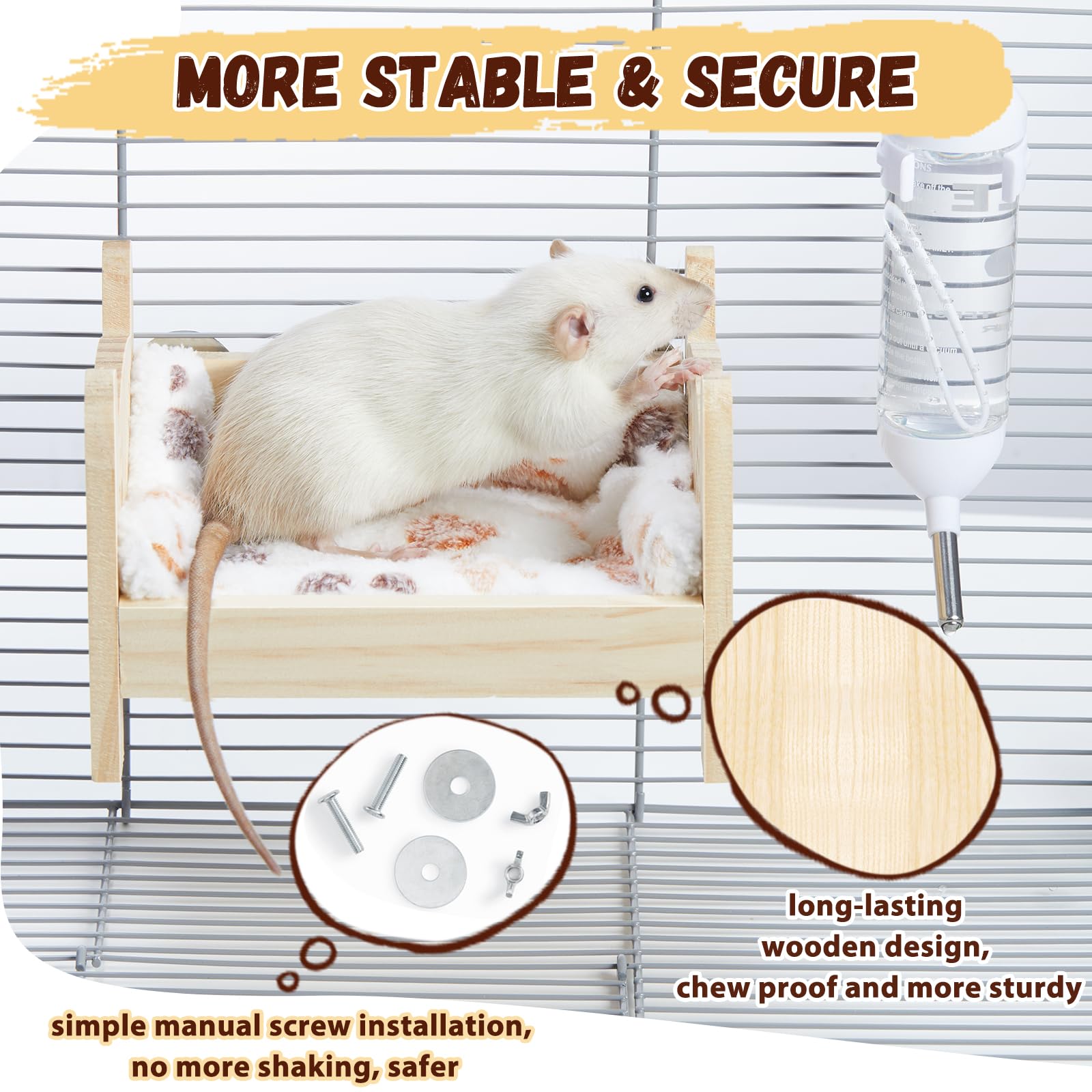 Jevnd Wooden Rat Bed, Rat Hammock For Cage Chew Proof, Pet Rat Cage Accessories Hanging Bed, Safe And Cozy Rodent Hammock With R
