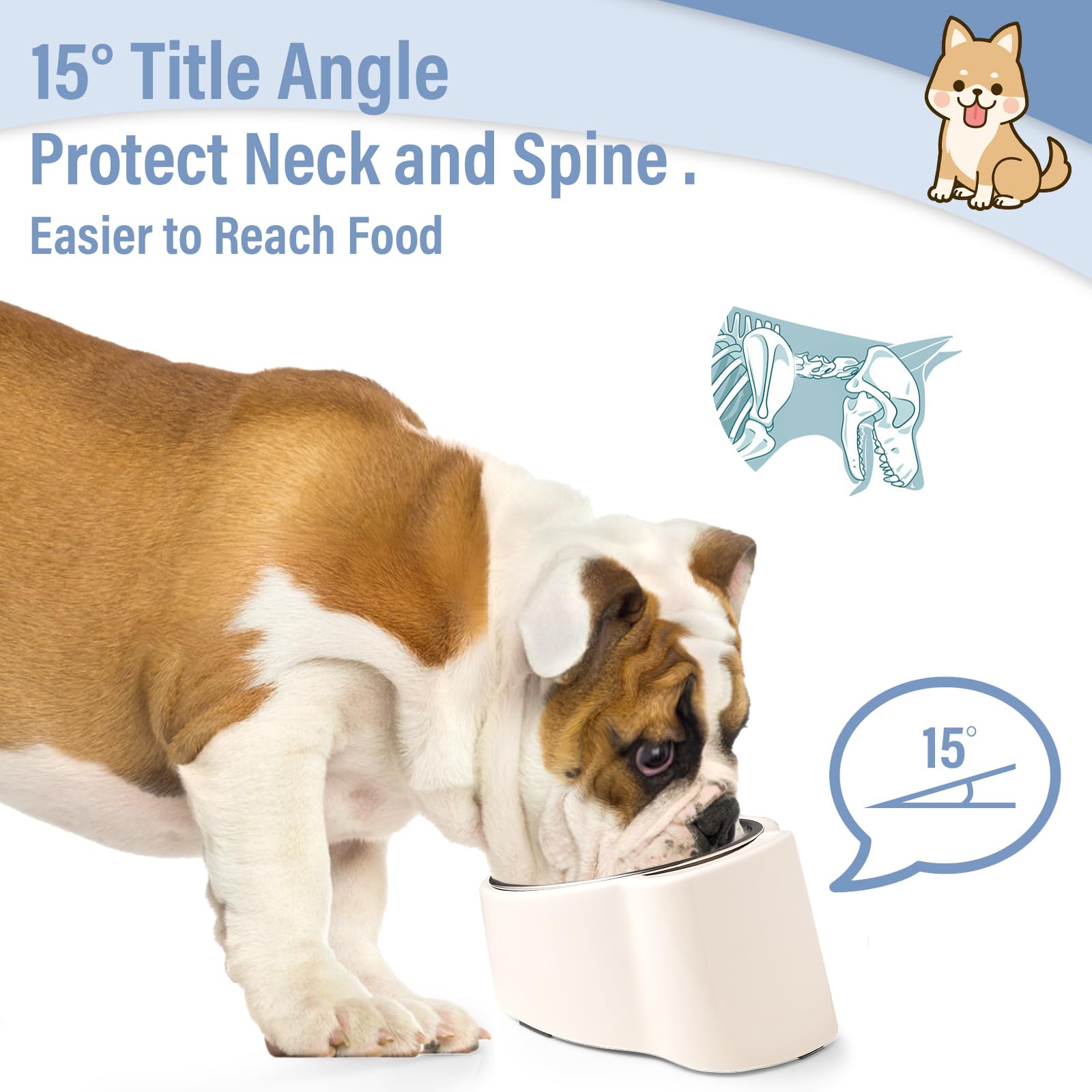 15 Elevated Dog & Cat Bowl - Anti-Vomiting Tilted Stainless Steel Pet Feeder, Non-Slip Raised Base For Small & Medium Pets, Easy
