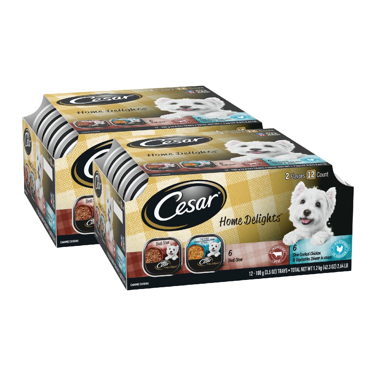 CESAR HOME DELIGHTS Soft Wet Dog Food Slow Cooked Chicken & Vegetables Dinner and Beef Stew Variety Pack, Easy Peel Trays, 3.5 O