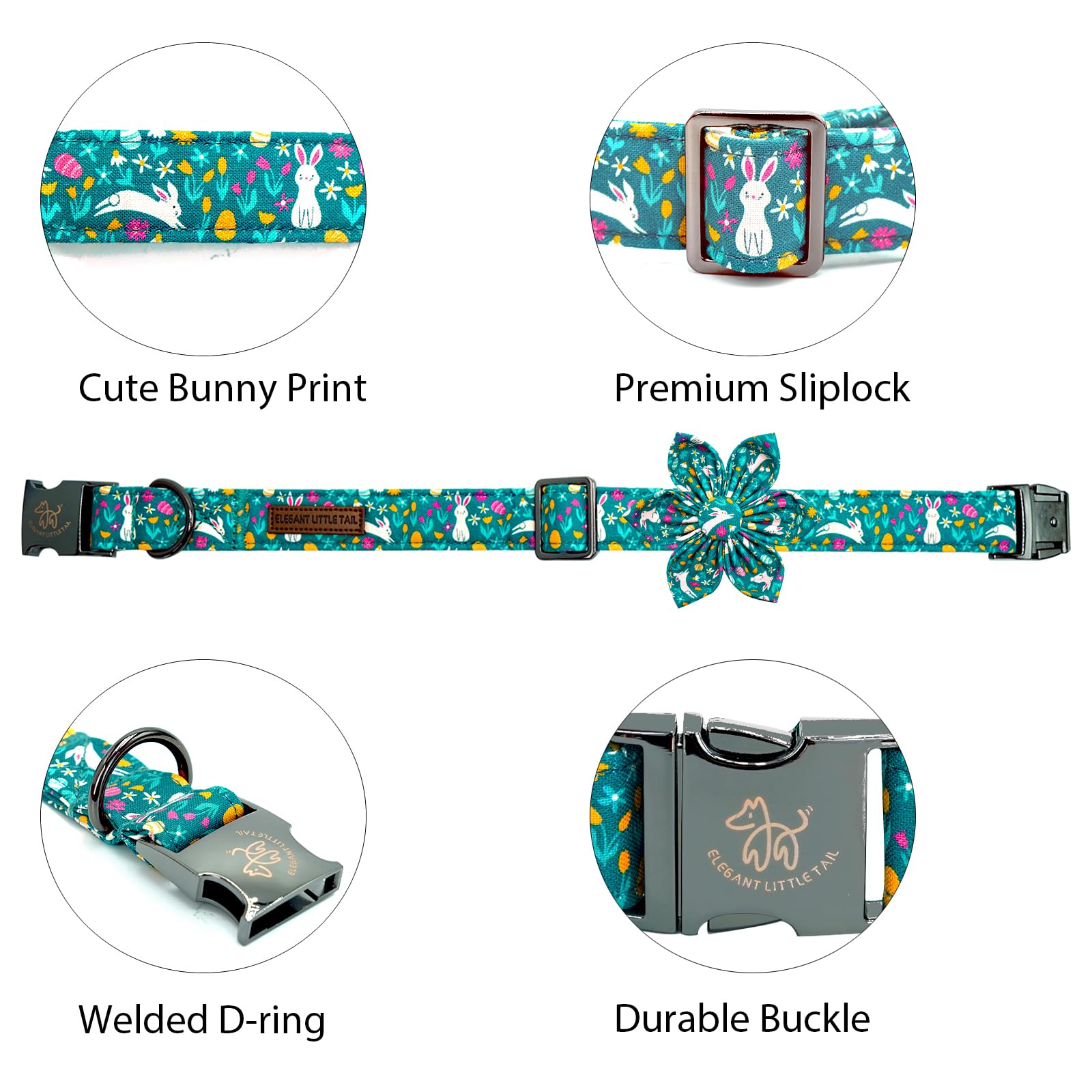 Elegant Little Tail Bunny Print Dog Collar, Adjustable, Durable Cotton, Unique Flower Decoration, Fits Dogs 16-26 Inches, Large,