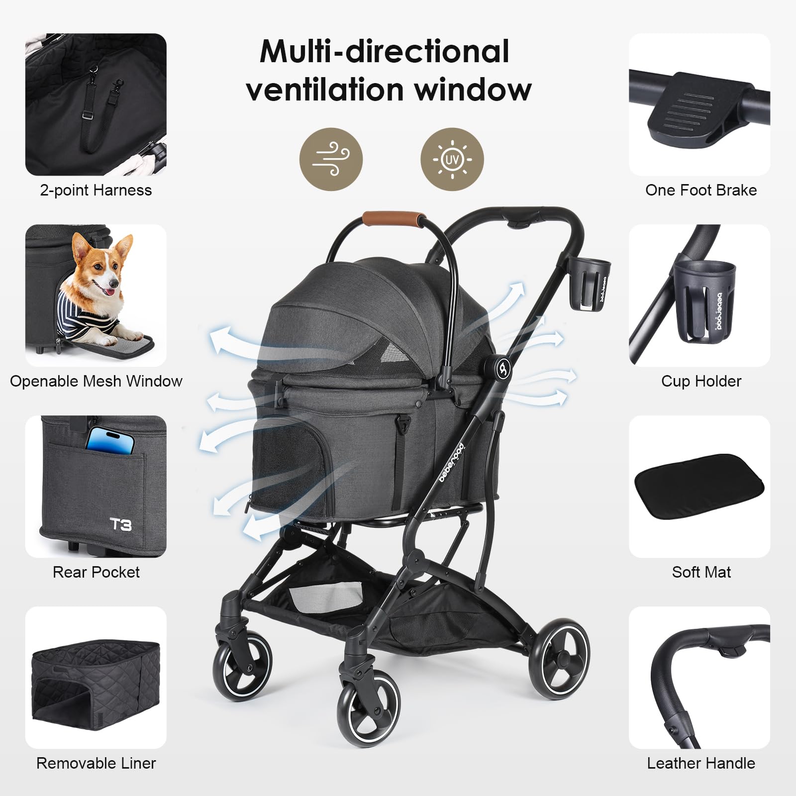 Beberoad Pets T3 3 In 1 Small Pet Stroller For Dogs & Cats, 4 Wheels With Detachable Carrier With Pad, Canopy And Cup Holder, Bl