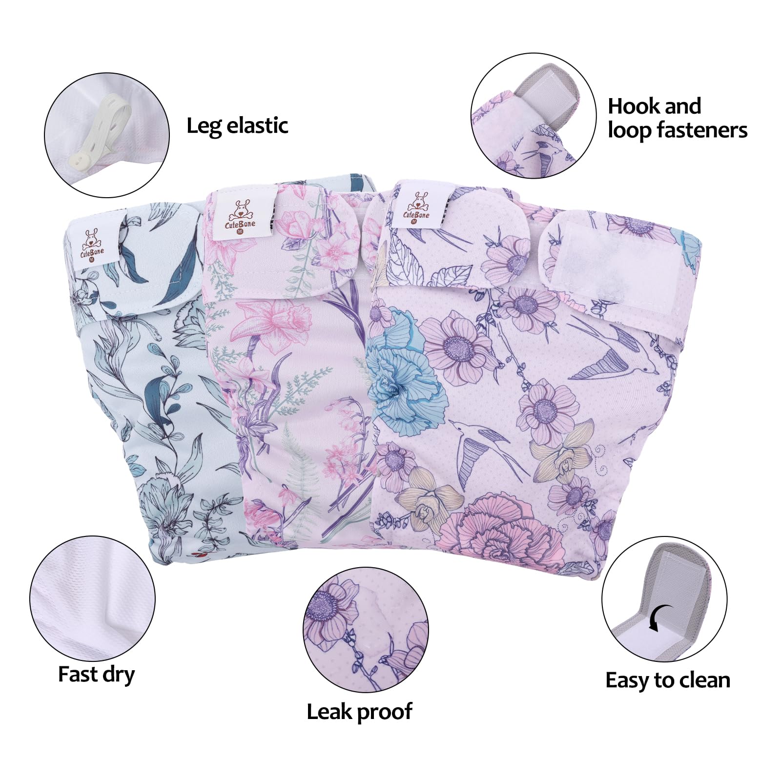 Cutebone Washable Dog Diapers Female No Tail Hole 3 Pack Reusable Doggie Period Training Pants For Docked-Tail Frenchie French Bulldog Boston Terrier Without Tail Wwd16S