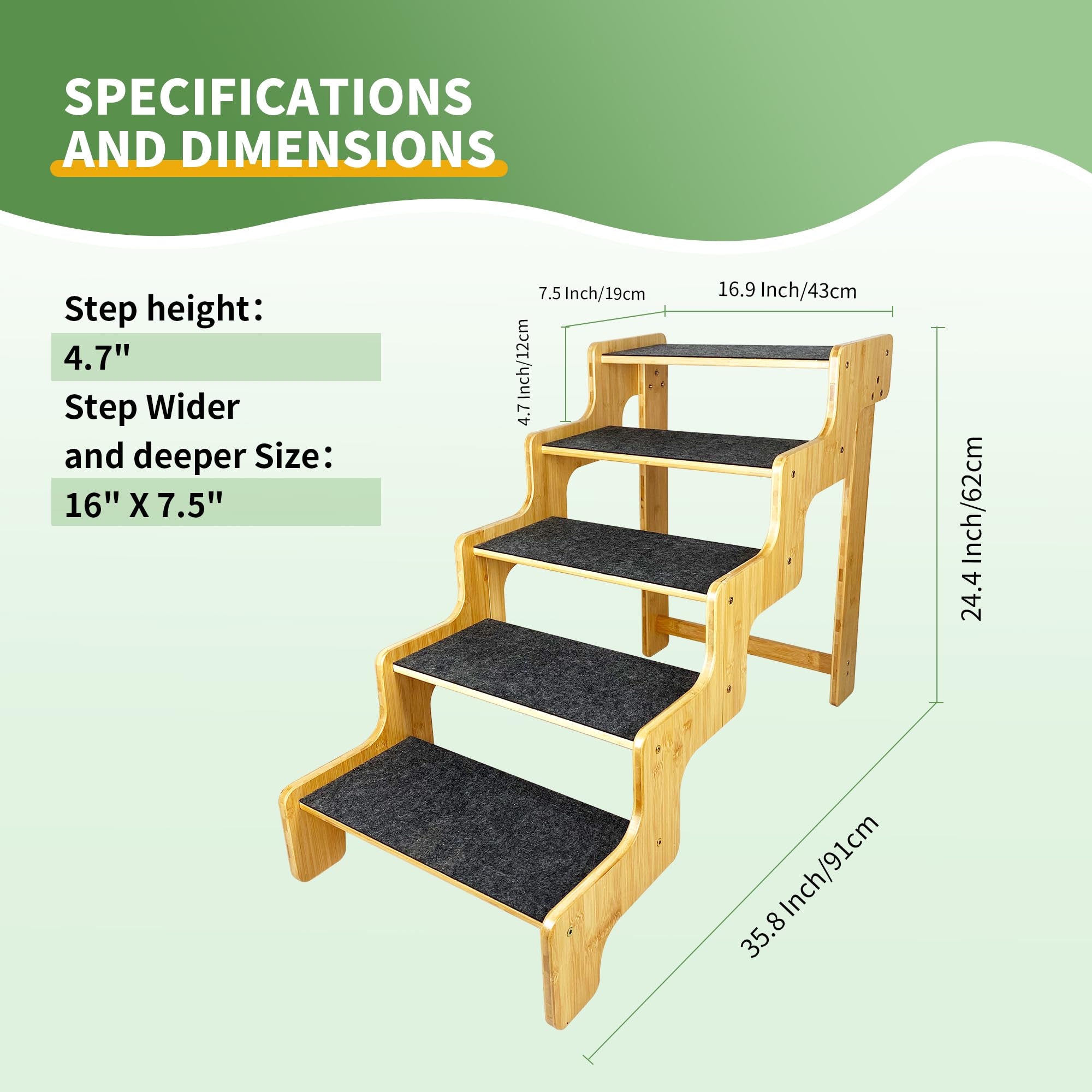 GXONE Dog Steps - 5-Step Bamboo Stairs for Senior Pets, 24" Height, Supports Up to 160 LB, Brown, Model DS-5