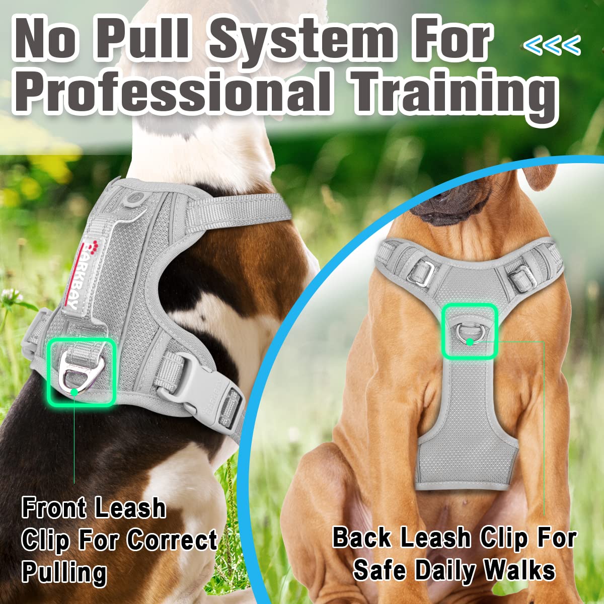 Barkbay No Pull Dog Harness Front Clip Heavy Duty Reflective Easy Control Handle For Large Dog Walking With Id Tag Pocket(Grey,S)
