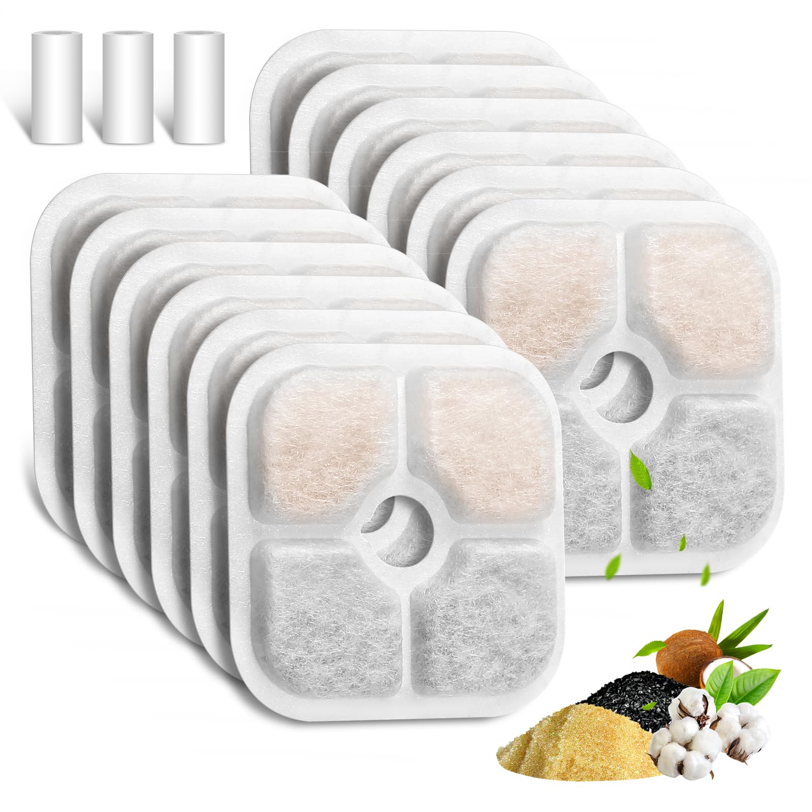 Cat Water Fountain Filter, 12-Pack Pet Fountain Filter Replacement Compatible With 2L/2.5L Cat Drinking Fountain, Replacement Triple Action Water Filter Activated Carbon Filter, 3 Hoses