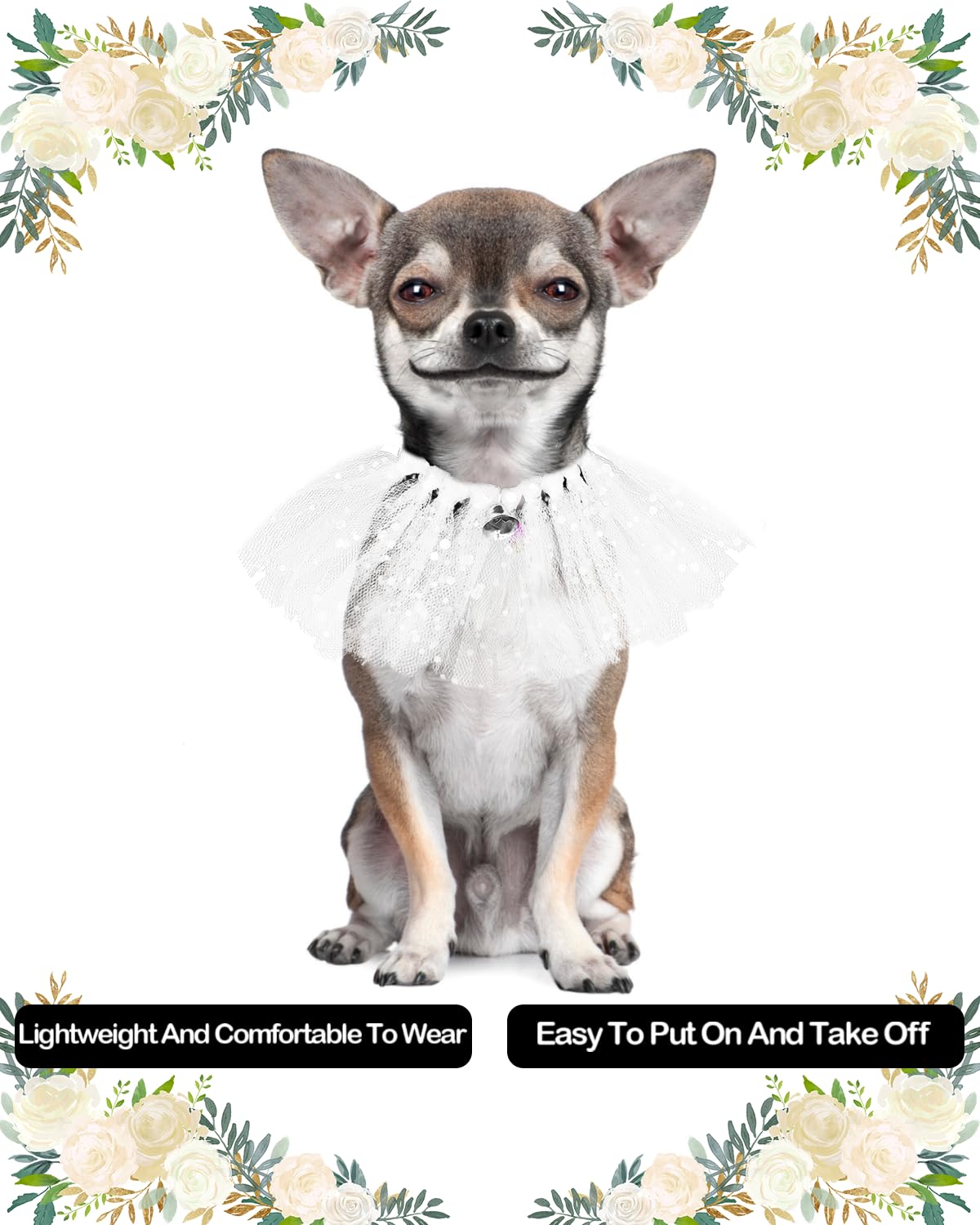 Pet Show Dog Wedding Tutu Collar With Bell Drawstring Tutu Necklace For Small Dogs Cats Adjustable Scarf White Sequin Pets Costu