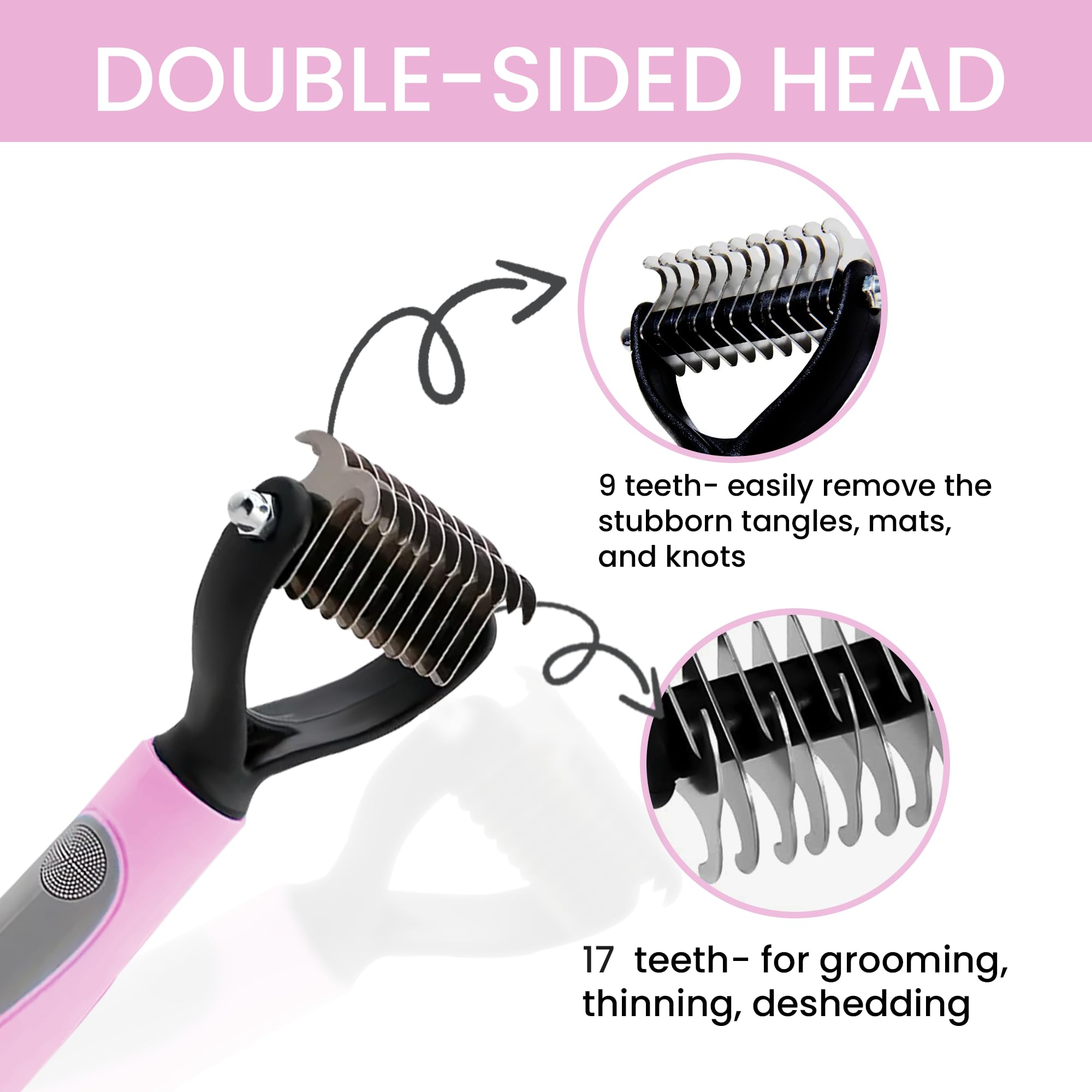 Kwest Essentials Pet Grooming Brush - Shedding Comb & Dematting Tool For Dogs & Cats, Extra Wide Undercoat Rake, Pink