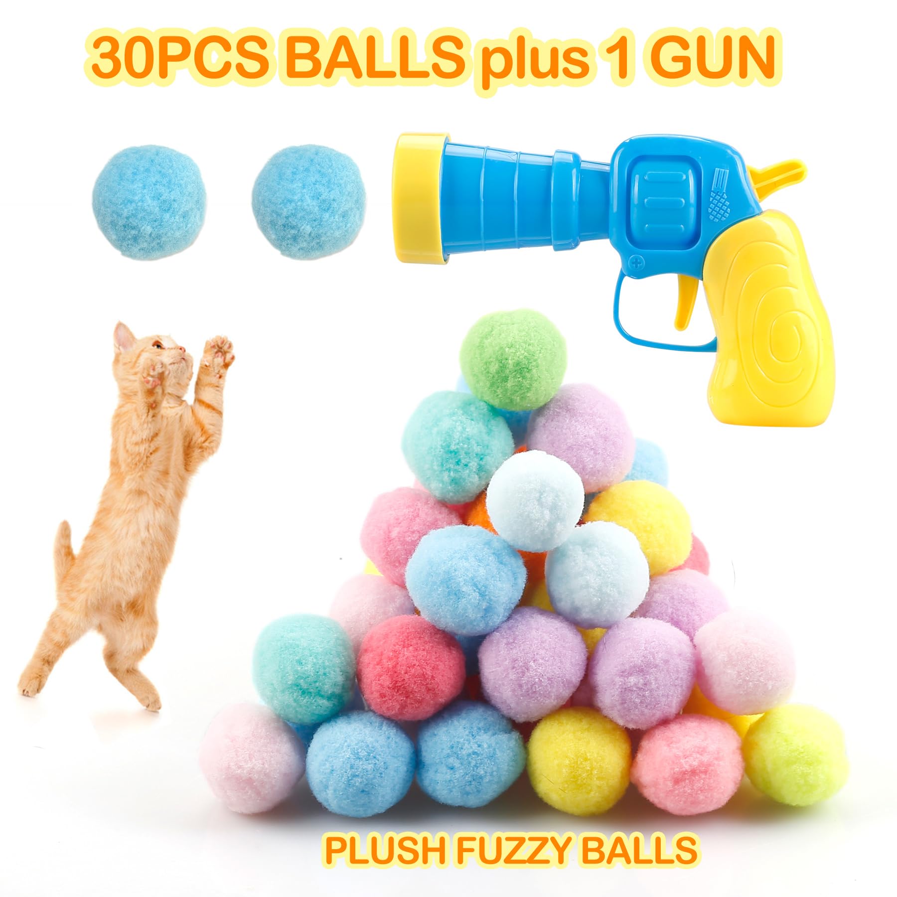Meohui 31Pcs Cat Ball Toy Launcher Gun,Cat Balls Fetch Toy,30Pcs Plush Fuzzy Balls Launcher Cat Toy For Cats With 1 Gun,Funny In