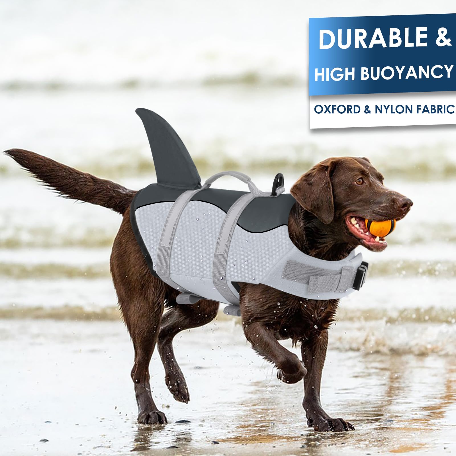 Aofitee Dog Life Jacket, Shark Dog Life Vest For Swimming Boating, High Flotation Pet Lifesaver With Rescue Handle, Reflective F