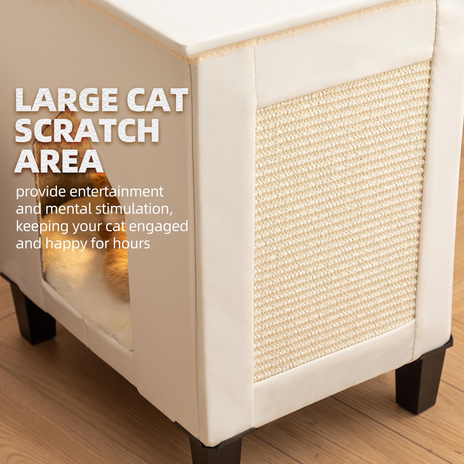 NUROMY Cat Condo & Hideaway Cave with Scratch Pad, Leather Cat Bed & Side Table, White