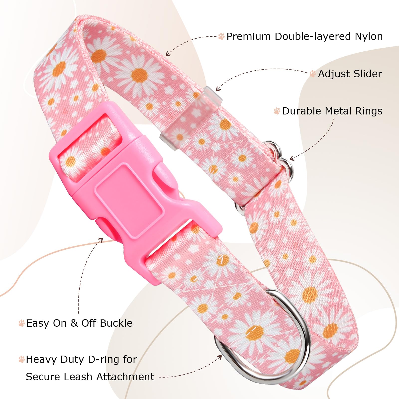 Girl Dog Collars With Daisy Patterns, Cute Pink Dog Collar For Female Dogs, Adjustable Soft Durable Pet Collars For Xs Small Med