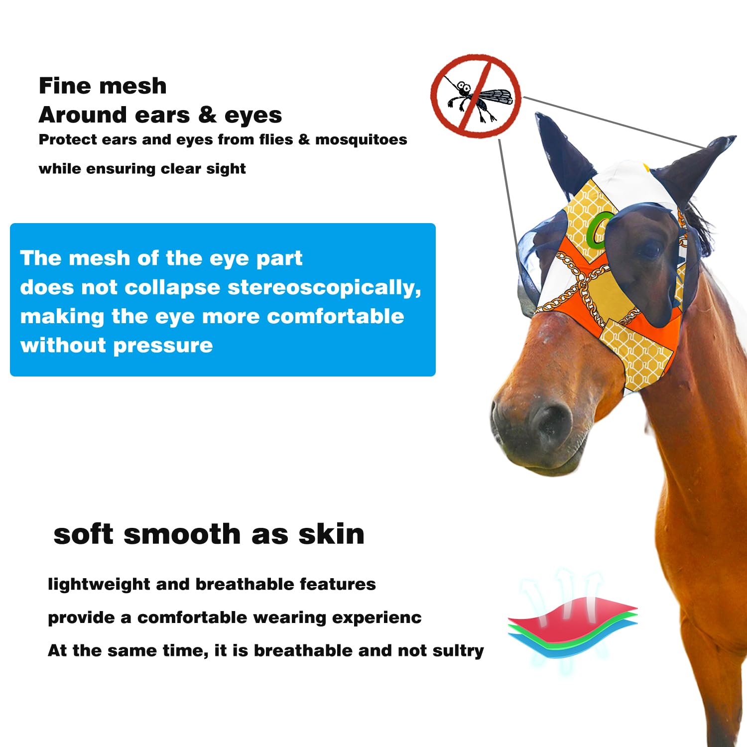 Super Comfort Fly Marsks for Horses of 3pcs Set-Horse FlyMask with Ears- Elasticity Fly Mask with UV Protection(Size:L