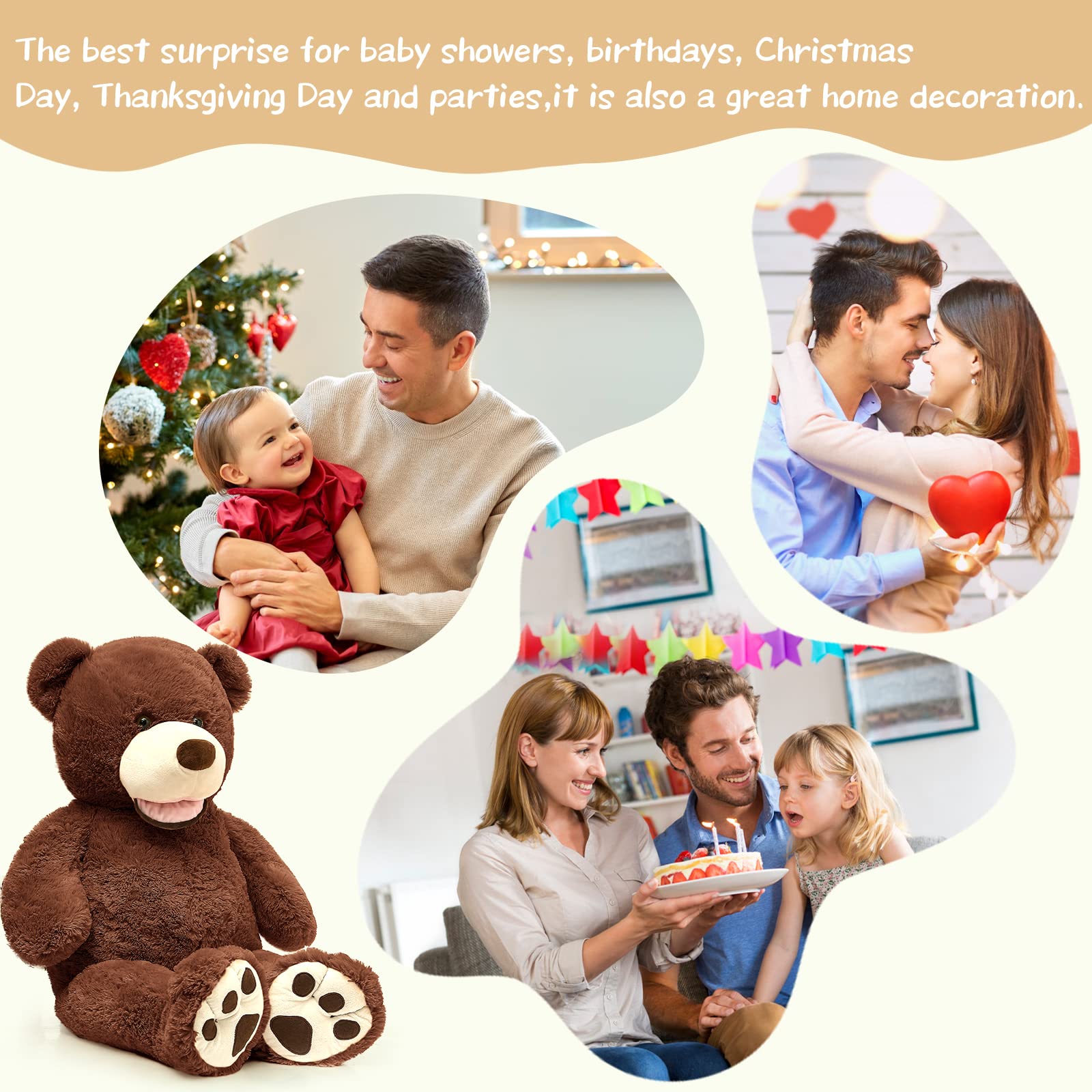 MorisMos Giant Teddy Bear Plush - Dark Brown 39" Stuffed Animal with Big Footprints for Boys and Children