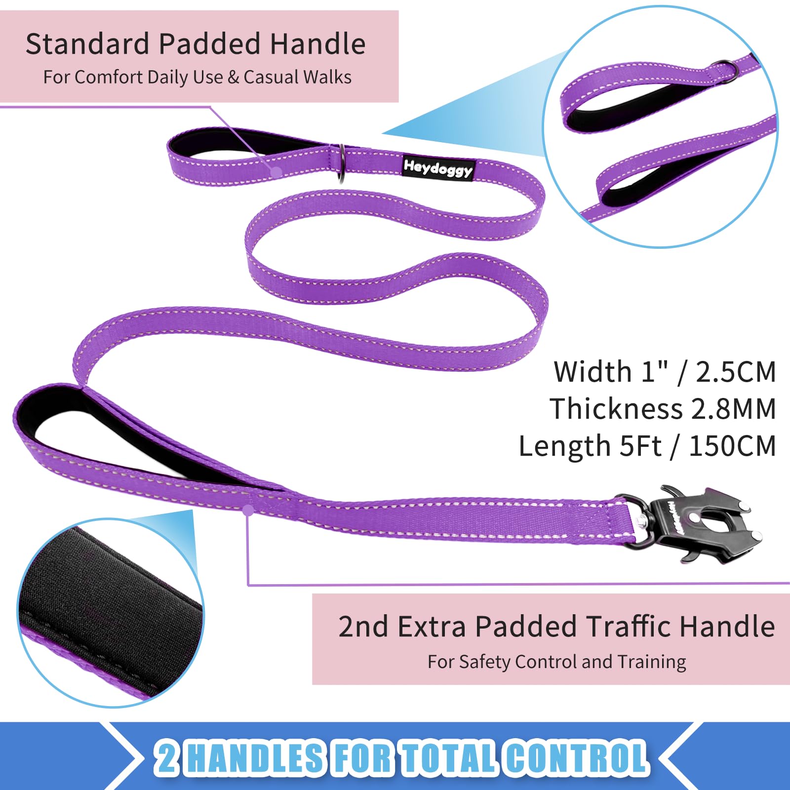 Strong Heavy Duty Dog Leash - 5Ft Reflective Nylon Training Leash With Soft Padded Double Handle & Auto Lock Frog Clip, Safety T