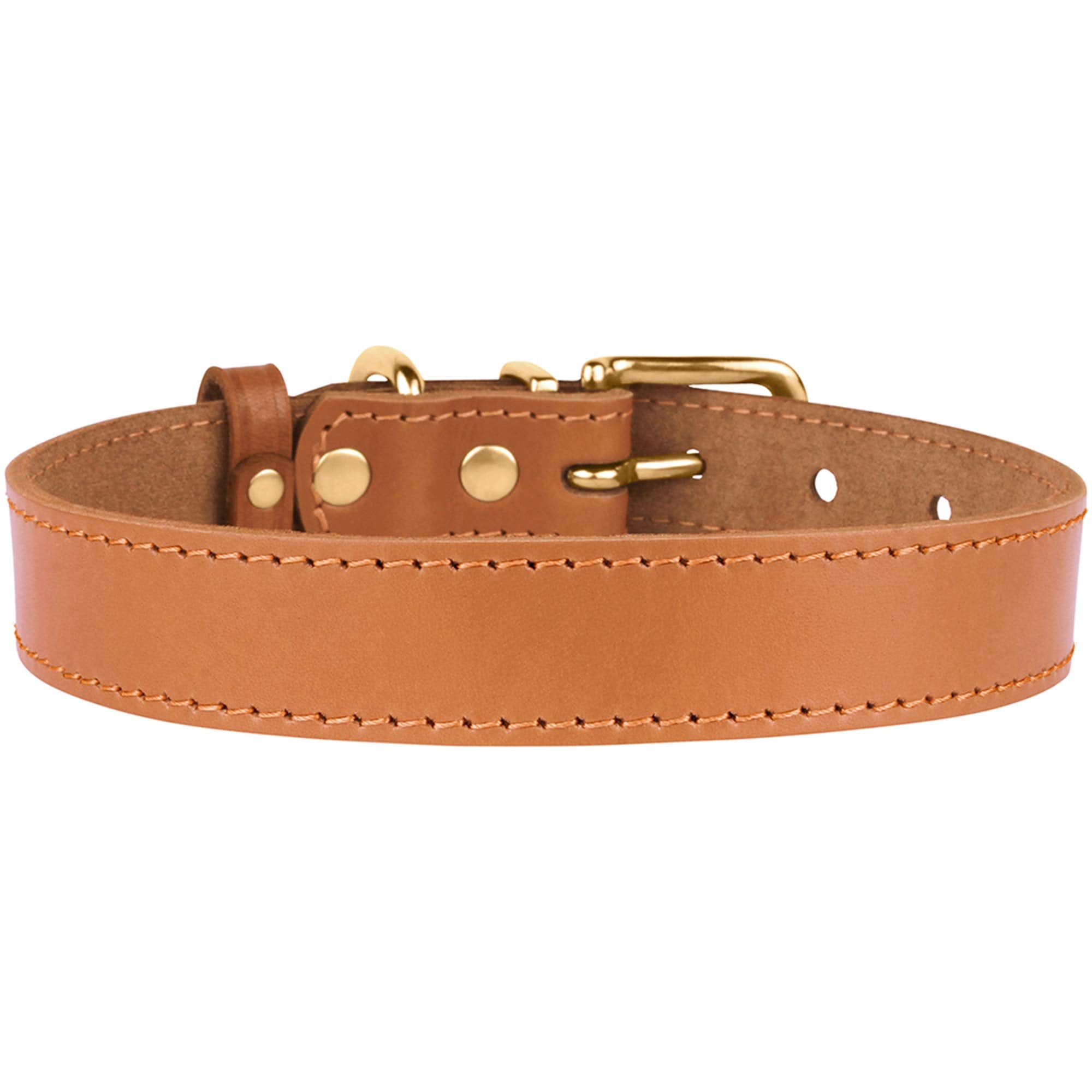 Bronzedog Leather Dog Collar With Metal Buckle Durable Basic Pet Collars For Small Medium Large Dogs (11-13 Inch (Pack Of 1), Light Brown & Gold Buckle)