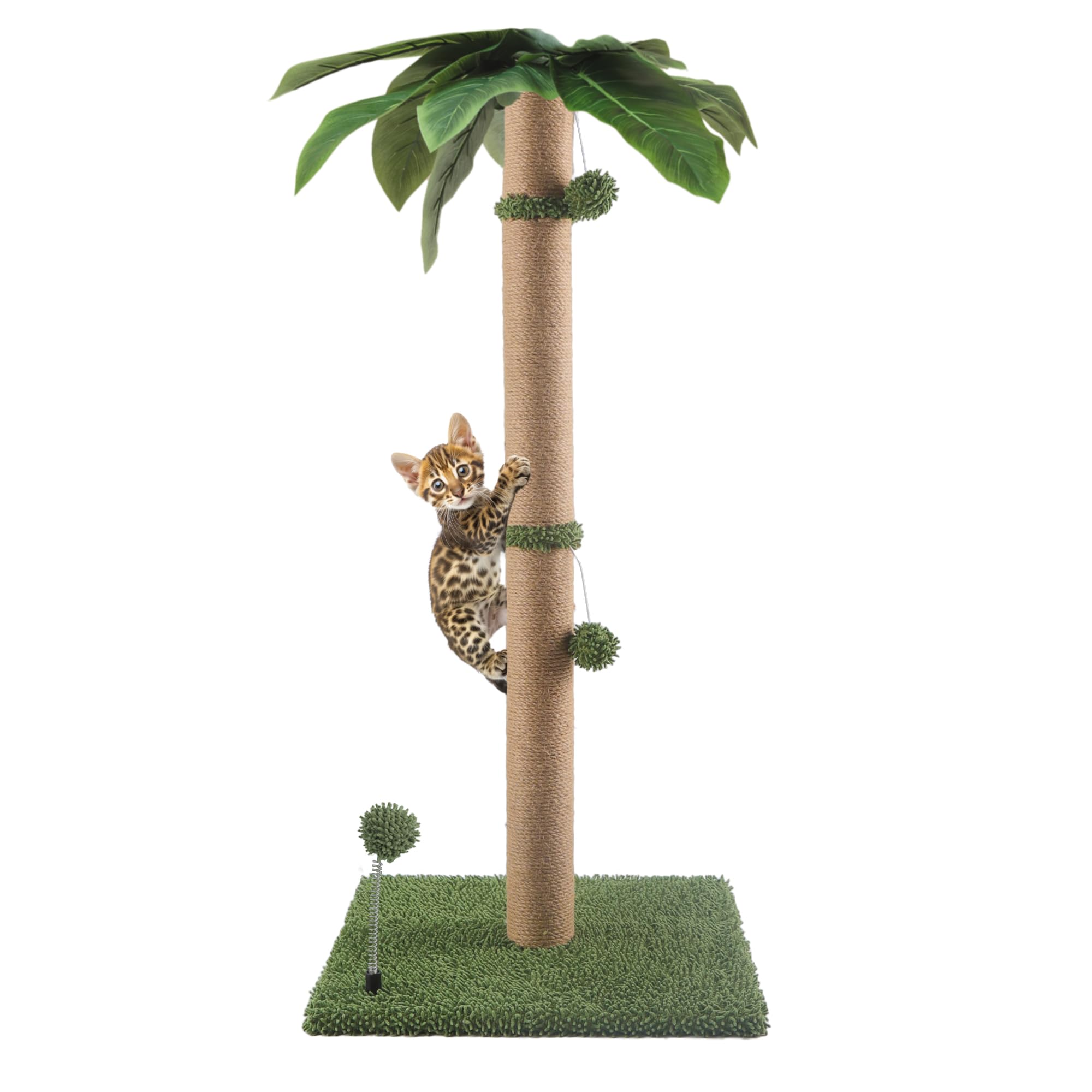 34'' Cat Scratching Post For Average Cats, Green Palm Cat Tree, Cat Scratcher For Indoor Cats With Hanging Toy Balls For Large C