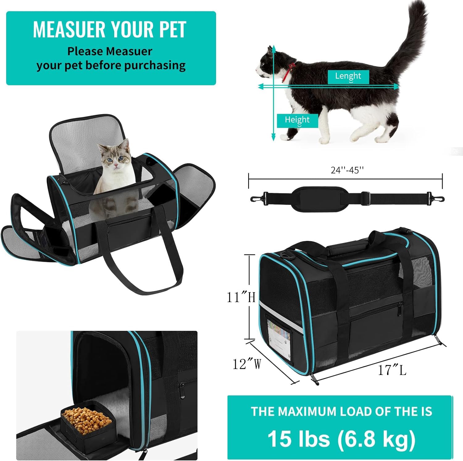 CUSSIOU Cat Carrier Pet Carrier Airline Approved for Small Dogs Cats Puppies Collapsible Soft Sided Dog Travel Carrier Bag with
