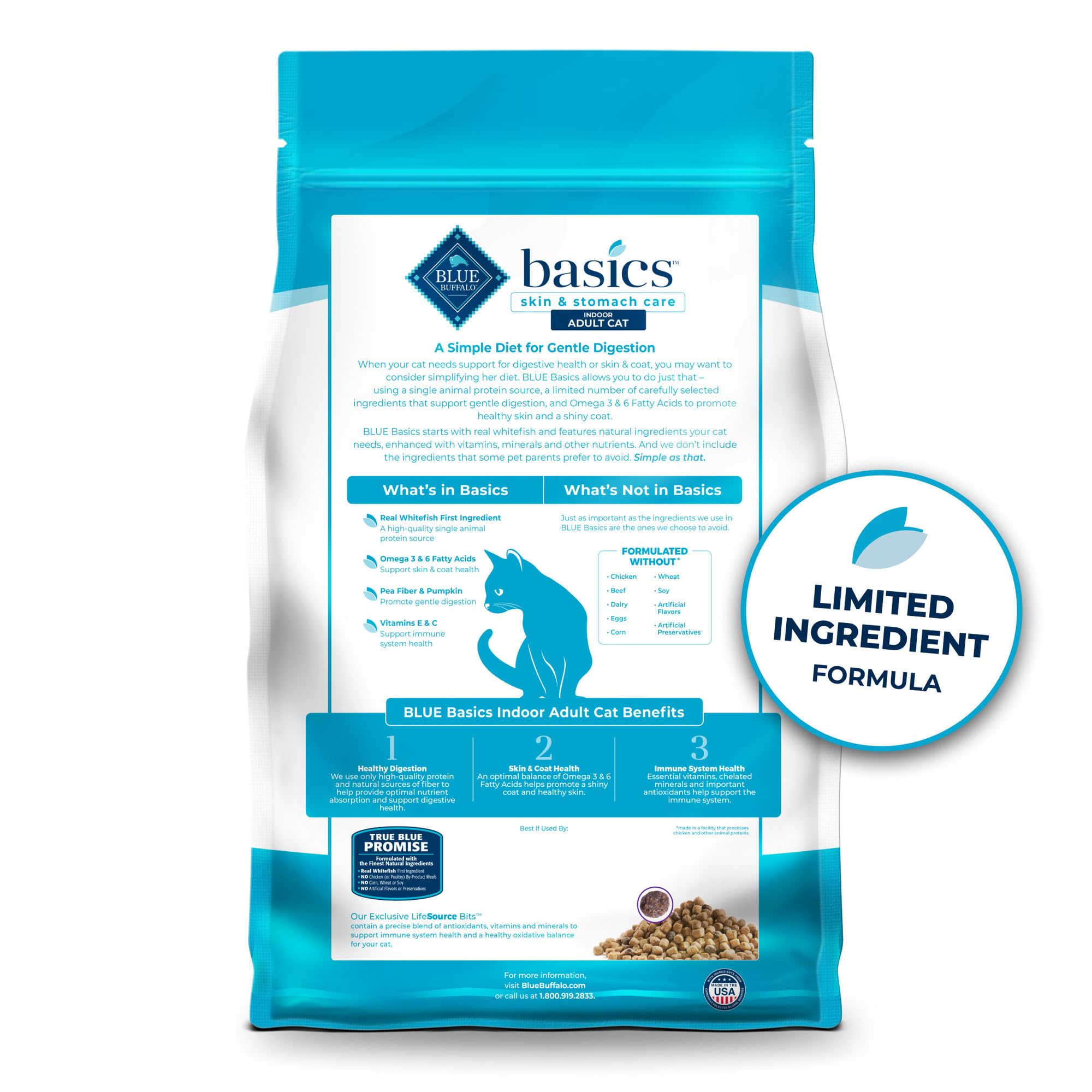 Blue Buffalo Basics Grain-Free Dry Cat Food, Skin & Stomach Care, Limited Ingredient Diet for Indoor Cats, Whitefish & Potato Re