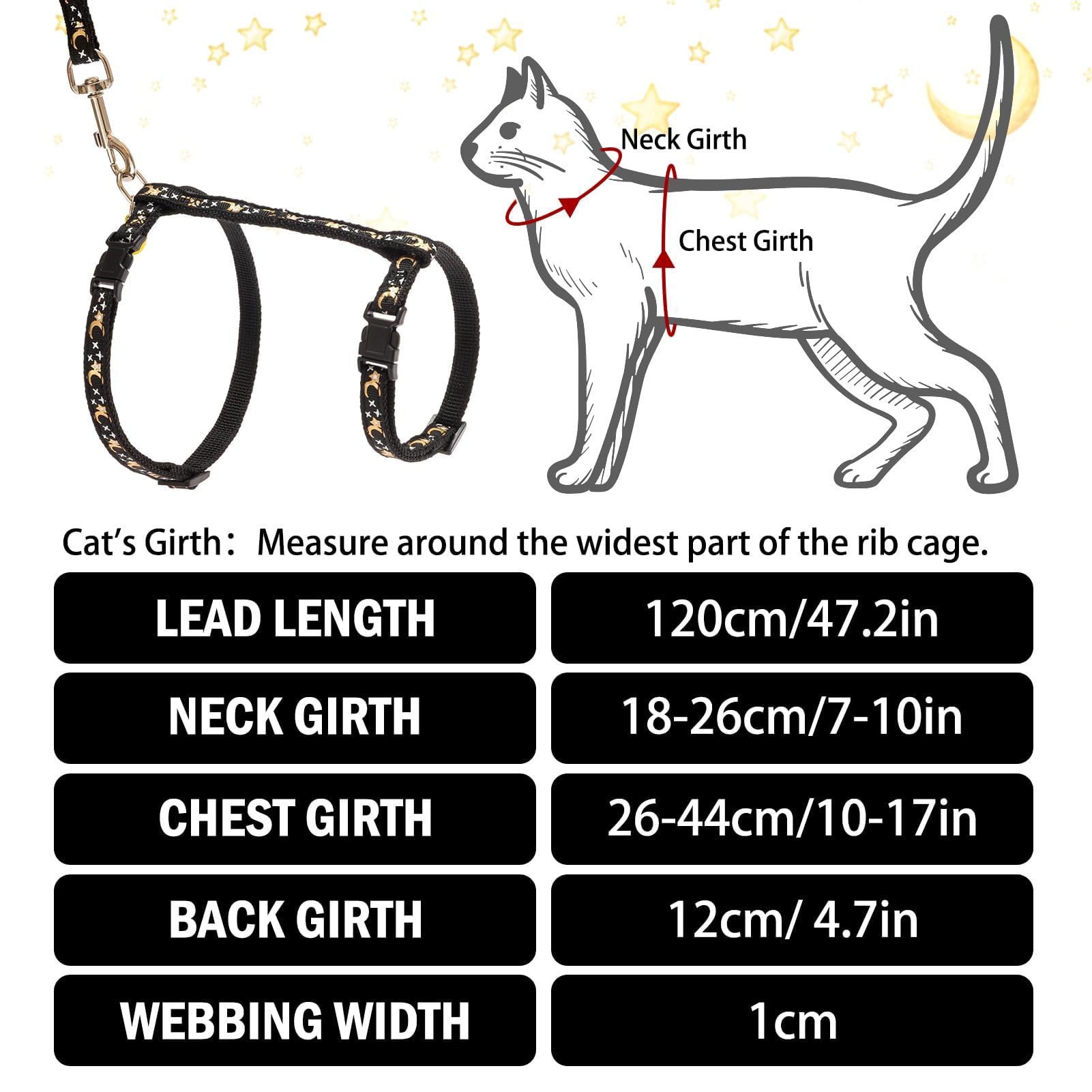 Pupteck Adjustable Cat Harness And Leash Set Escape Proof Kitten Strap Collar For Walking Travel, Moon&Star