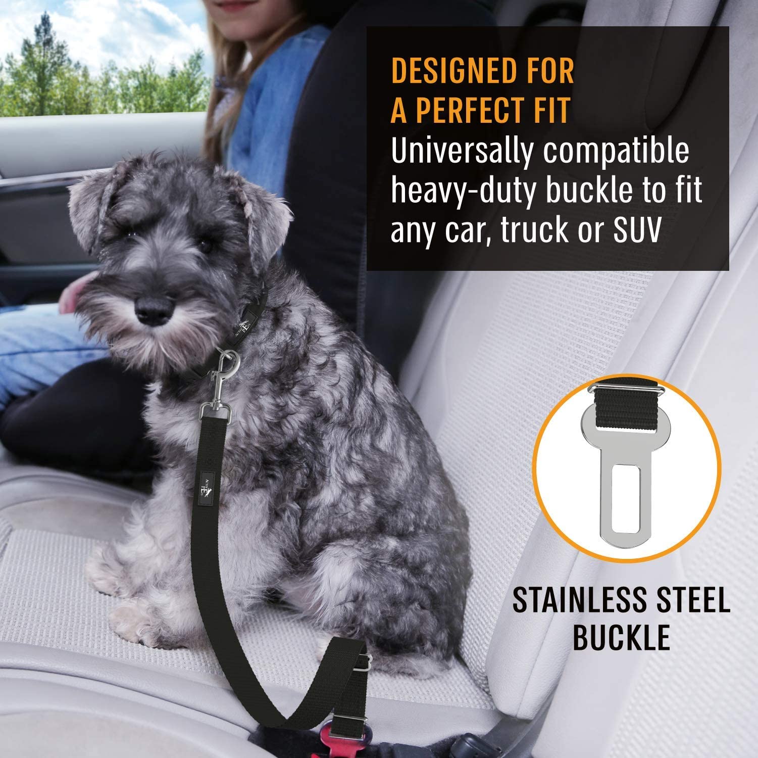 Active Pets Black Car Seat Belt for Dogs, Attaches to Harness & Collar, Adjustable 18 - 24 Travel Restraint System Fits Small -