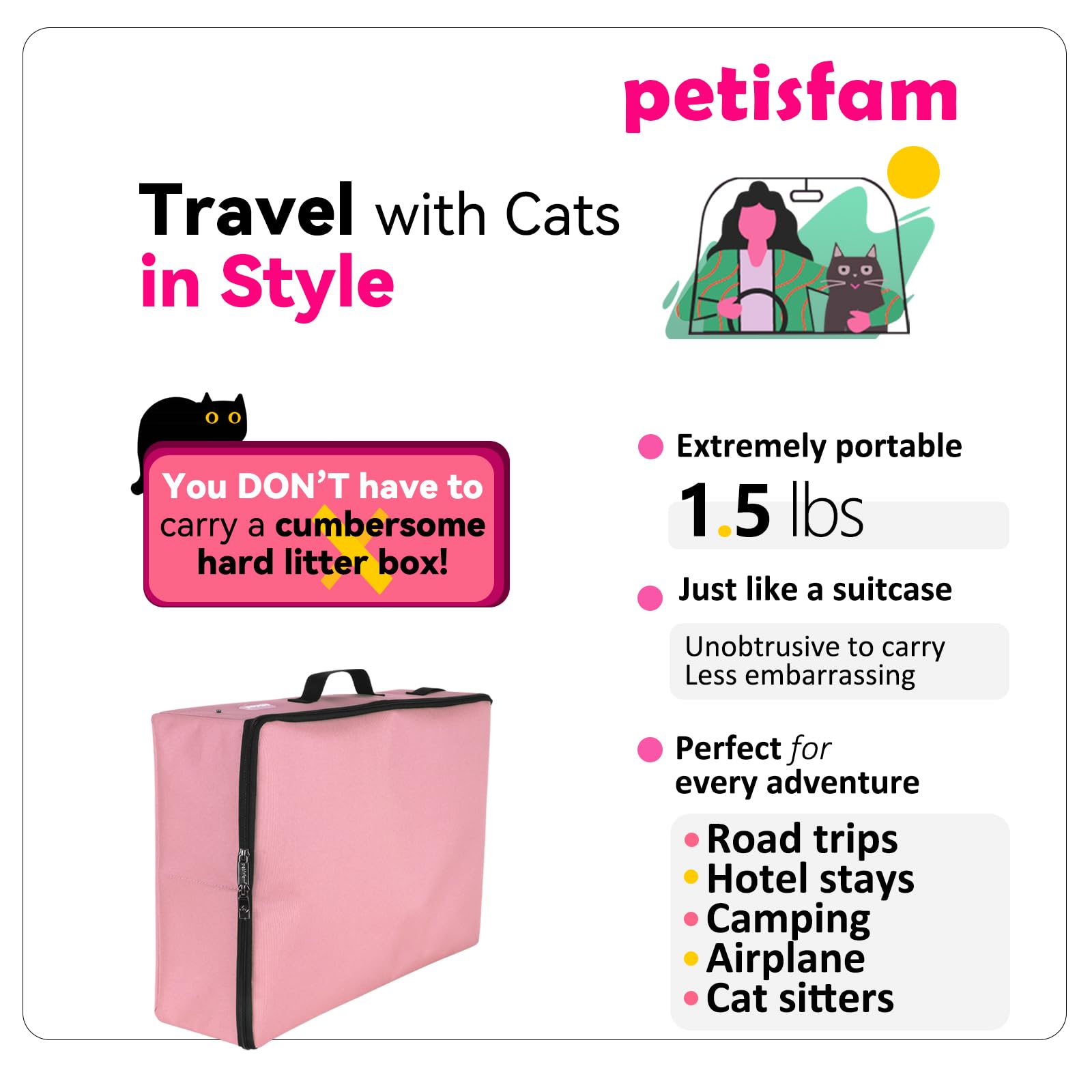 Portable Cat Travel Litter Box with Zipped Lid to Keep Odor and Litter Contained. Lightweight to Carry to Anywhere. Easy to Clea
