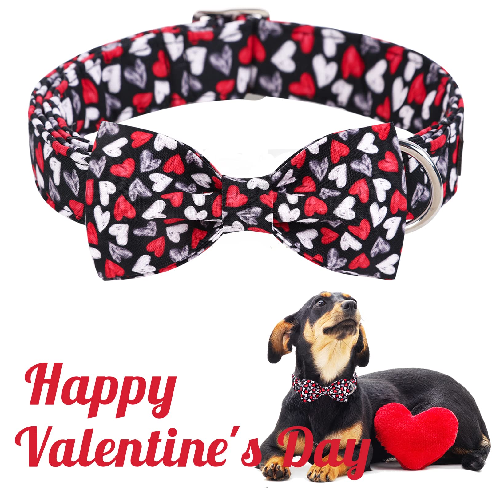 Unique Style Paws Valentine'S Day Dog Collar With Bow Tie Black & Red Heart Puppy Collar Best Gothic Style Gift For Small Medium