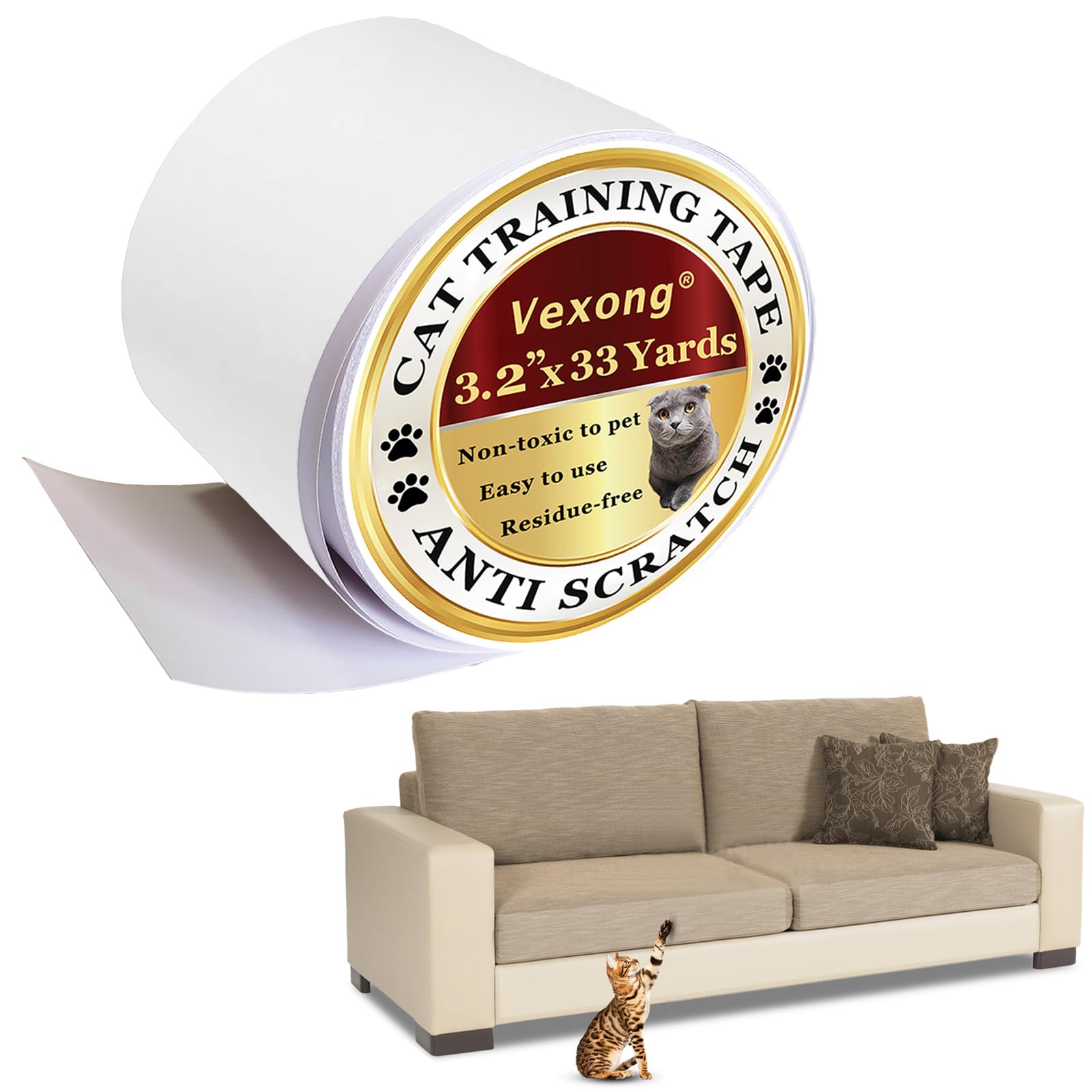 Vexong Anti Cat Scratch Furniture Protector,3.2 '' X33 Yards Furniture Protector From Cats, Transparent Pet Training Tape, Anti 