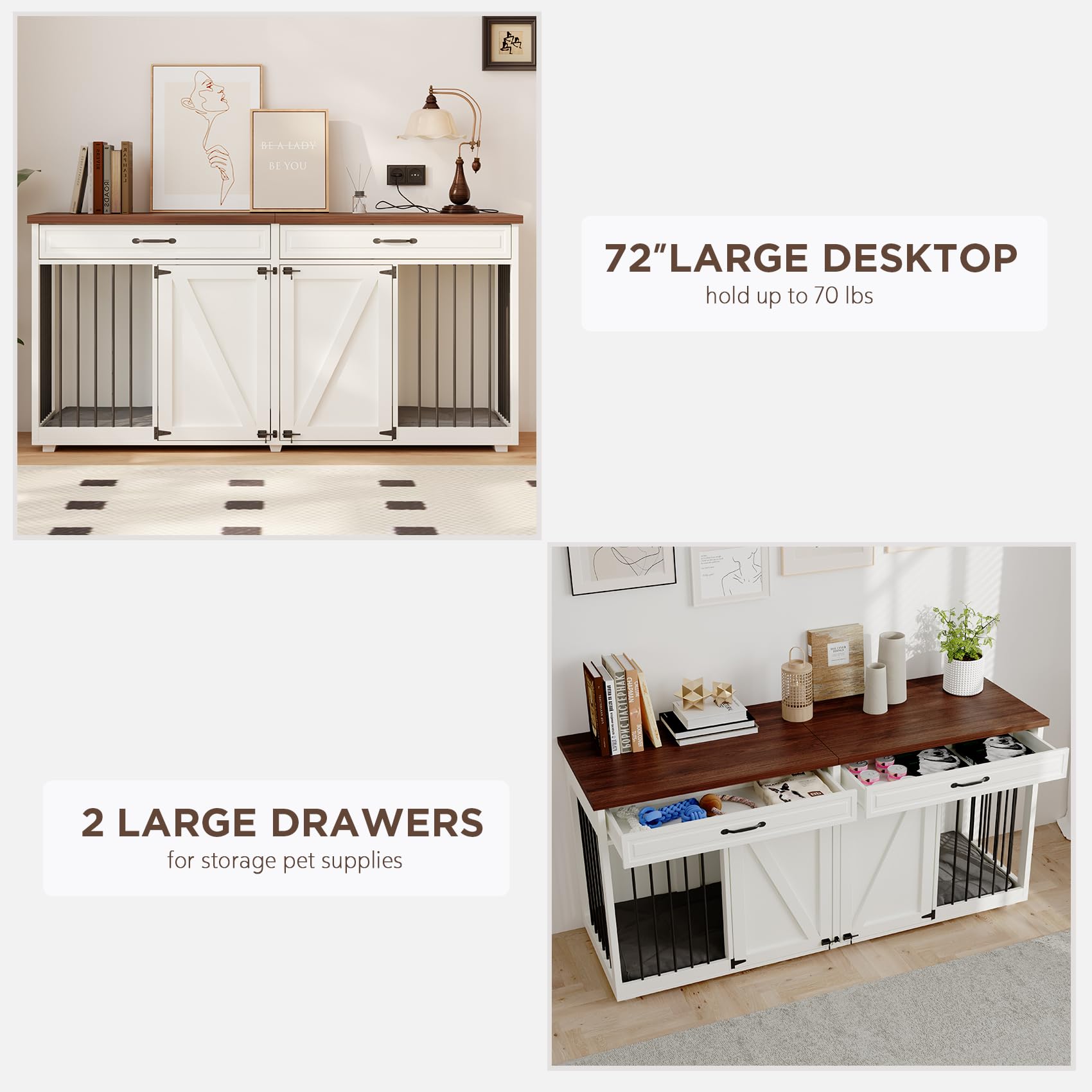 Furniture Style Dog Crate - Indoor Wooden Dog Kennel Furniture with 2 Drawers & Room Divider - 72 L x 23.6 W x 34 H - White