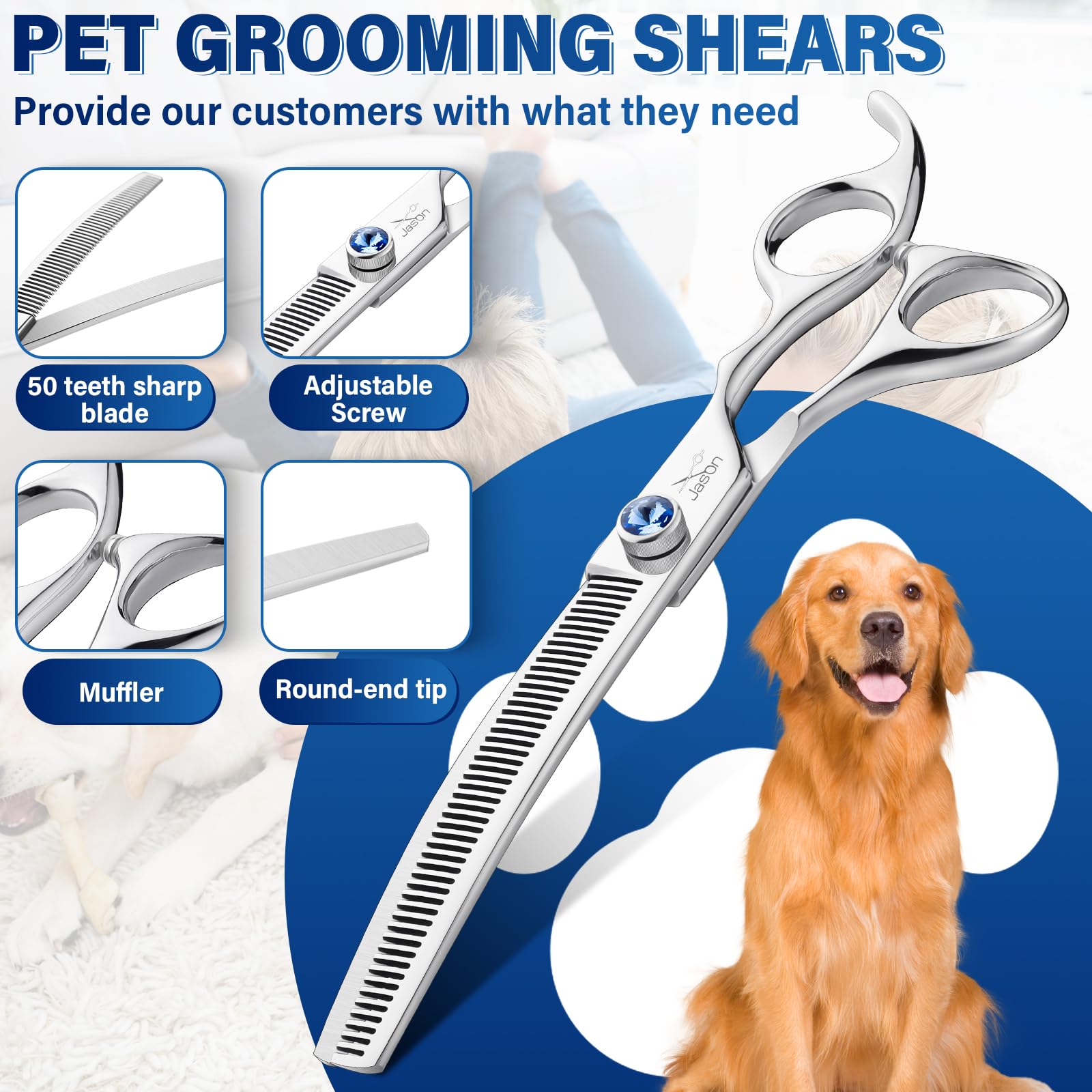 JASON 7" Curved Dog Grooming Scissors - Ergonomic Silver 440C Stainless Steel Shears for Professional Groomers