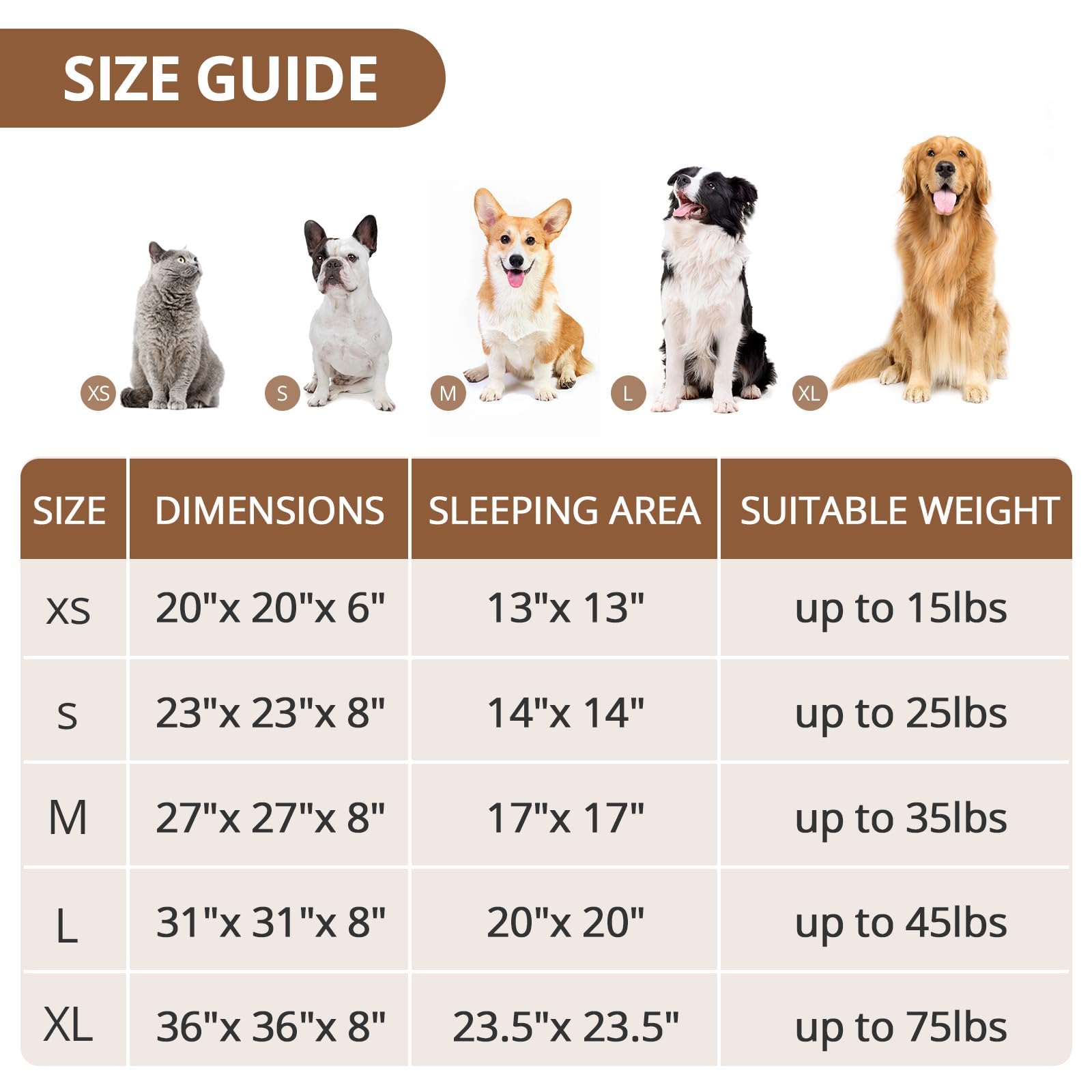 JOLLYVOGUE Large Calming Dog Bed, Fluffy Faux Fur, Anti-Slip, 36" x 36", Smoke Brown, Model SMBN-90
