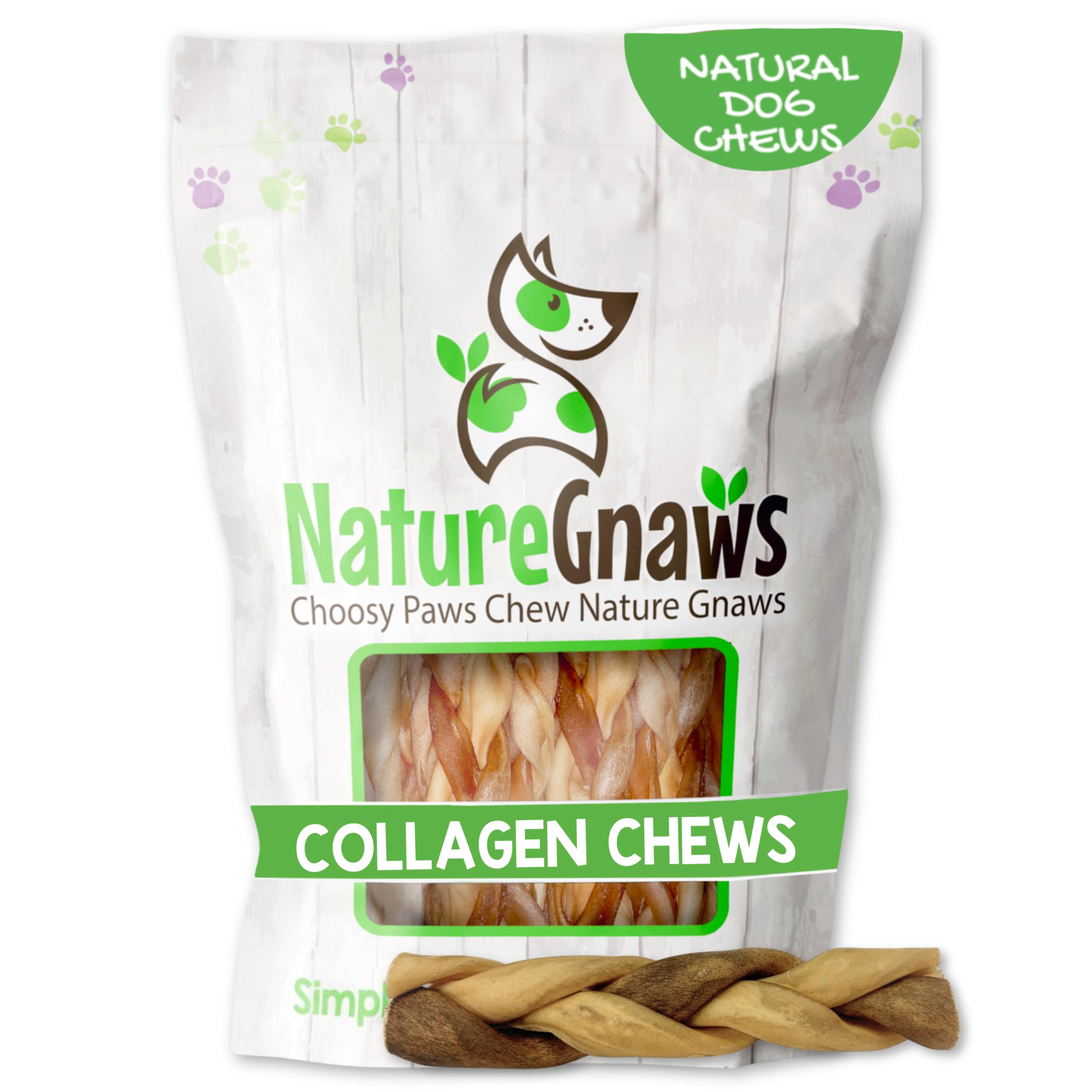 Nature Gnaws Braided Collagen Sticks for Dogs 6 (5 Count) - Long Lasting for Aggressive Chewers and Large Dogs - Natural Beef Hi