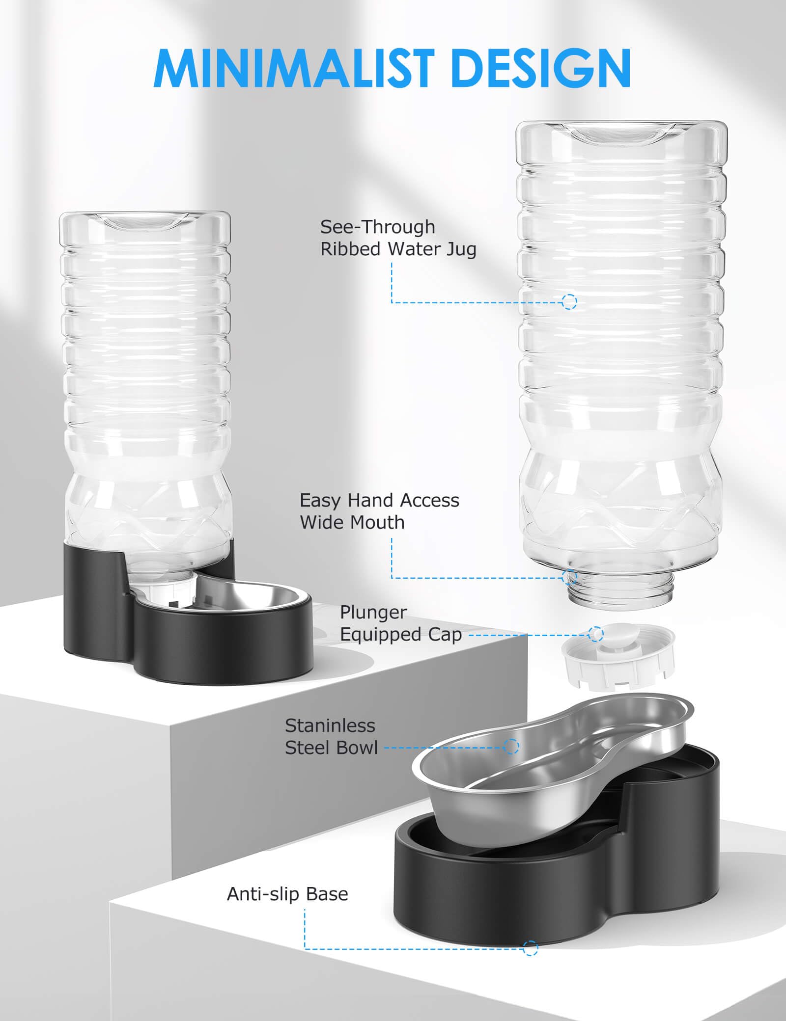 Heouvo 2.5 Gallon Automatic Dog Water Dispenser?Wide Mouth for Easy Hand-in Cleaning??Removable Stainless Steel Bowl?, Gravity R