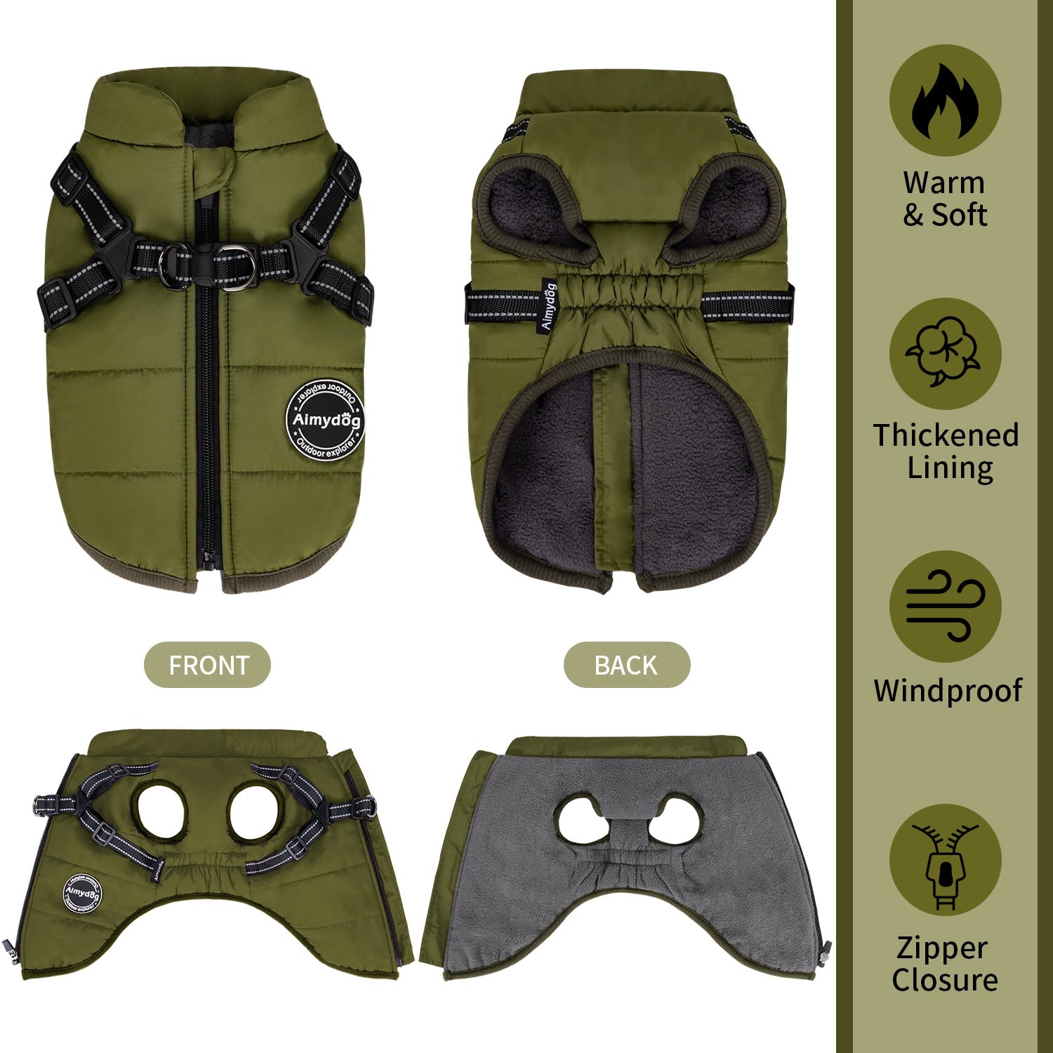 AIMYDOG Warm Winter Coat, Fashion Sports Cold Weather Jacket With Built-in Harness, Reflective & Adjustable Comfortable Pet Vest