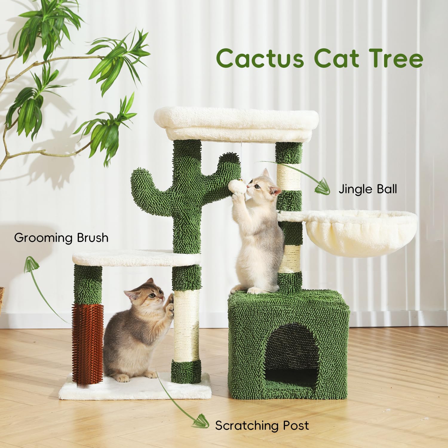 Hoopet 32-Inch Cactus Cat Tree - Multi-Level Cat Tower With Sisal Scratching Posts, Cozy Condo, Plush Perch, And Interactive Han
