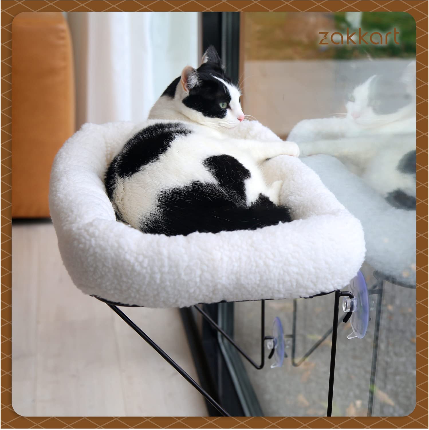 Zakkart Cat Window Perch - 100% Metal Supported From Below - Comes With Warm Spacious Pet Bed - Cat Window Hammock For Large Cats & Kittens - For Sunbathing, Napping & Overlooking (White)
